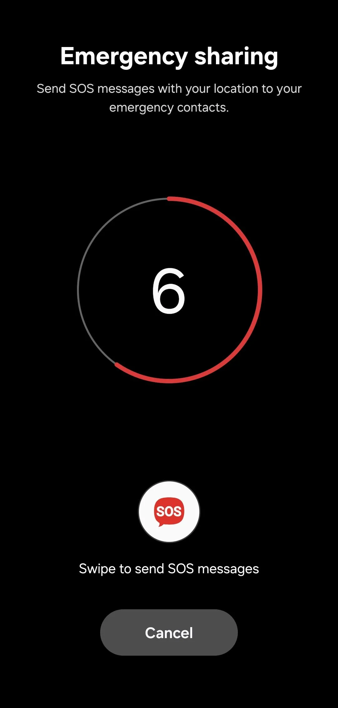 Giao diện mô phỏng kích hoạt tính năng SOS khẩn cấp trên Android, hiển thị thông báo gửi tin nhắn giúp đỡ.