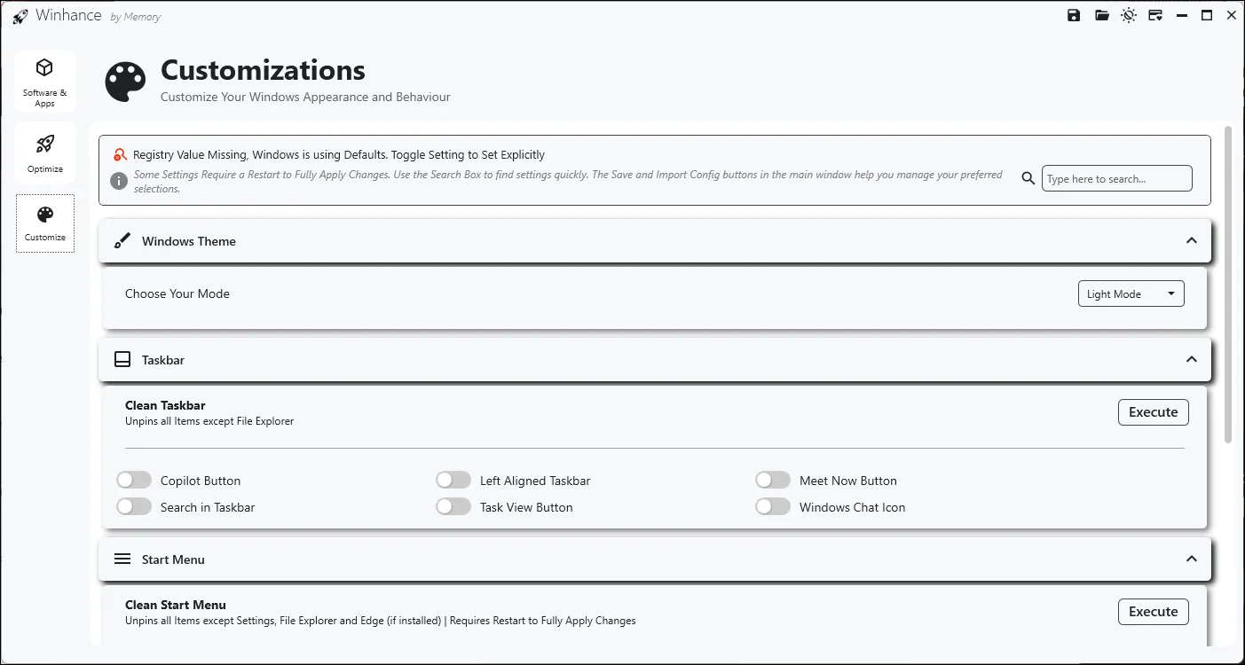 Giao diện mục &quot;Customization&quot; của Winhance, cho phép cá nhân hóa giao diện và hành vi của Windows 11.