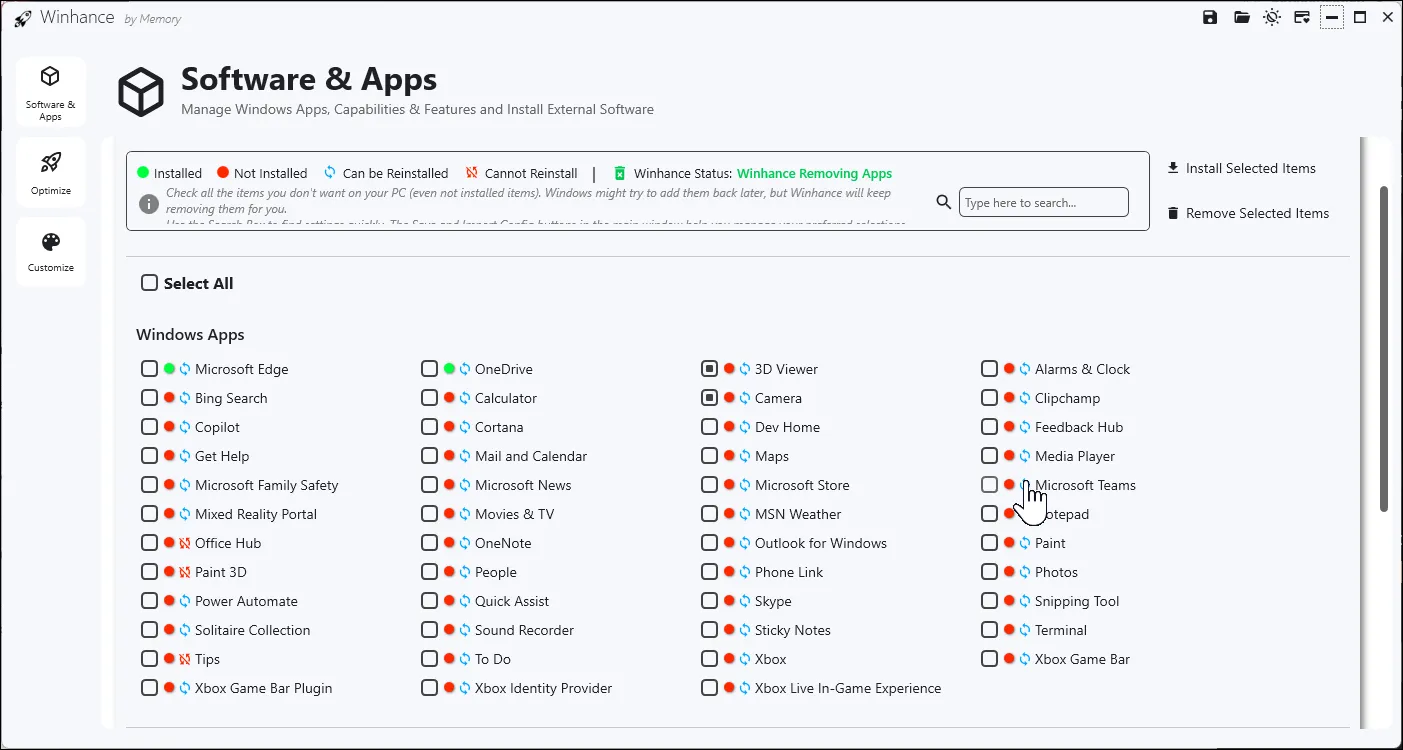 Giao diện mục "Software & Apps" trong Winhance, hiển thị danh sách các ứng dụng có thể gỡ bỏ trên Windows 11.
