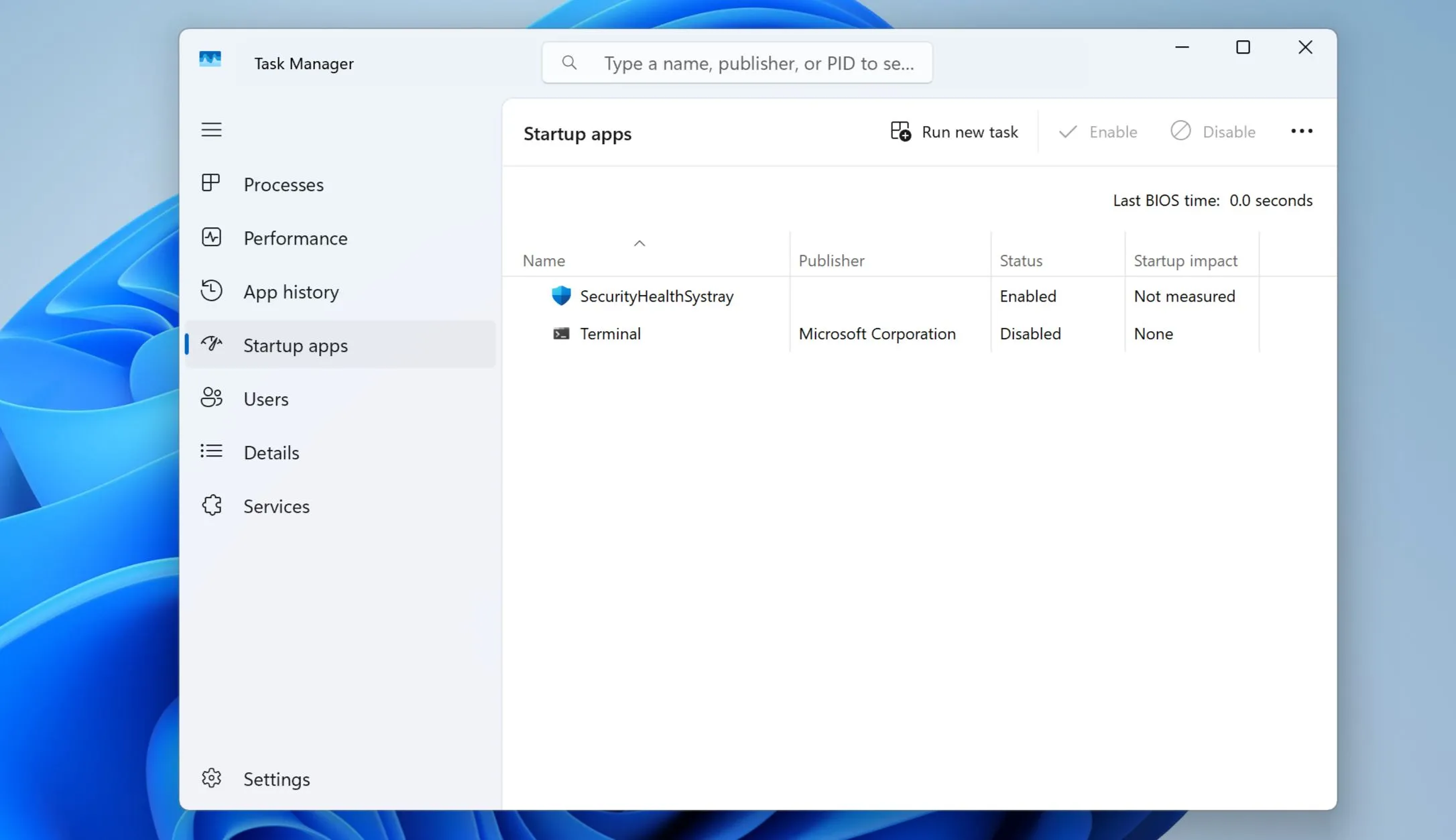 Giao diện mục &quot;Startup apps&quot; (Ứng dụng khởi động) trong Task Manager của Windows 11, hiển thị các chương trình tự chạy khi máy tính khởi động.