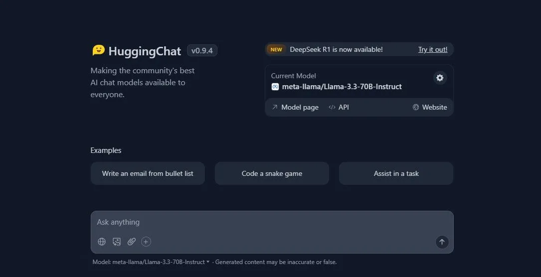 Giao diện nền tảng HuggingChat, một giải pháp thay thế ChatGPT bên thứ ba