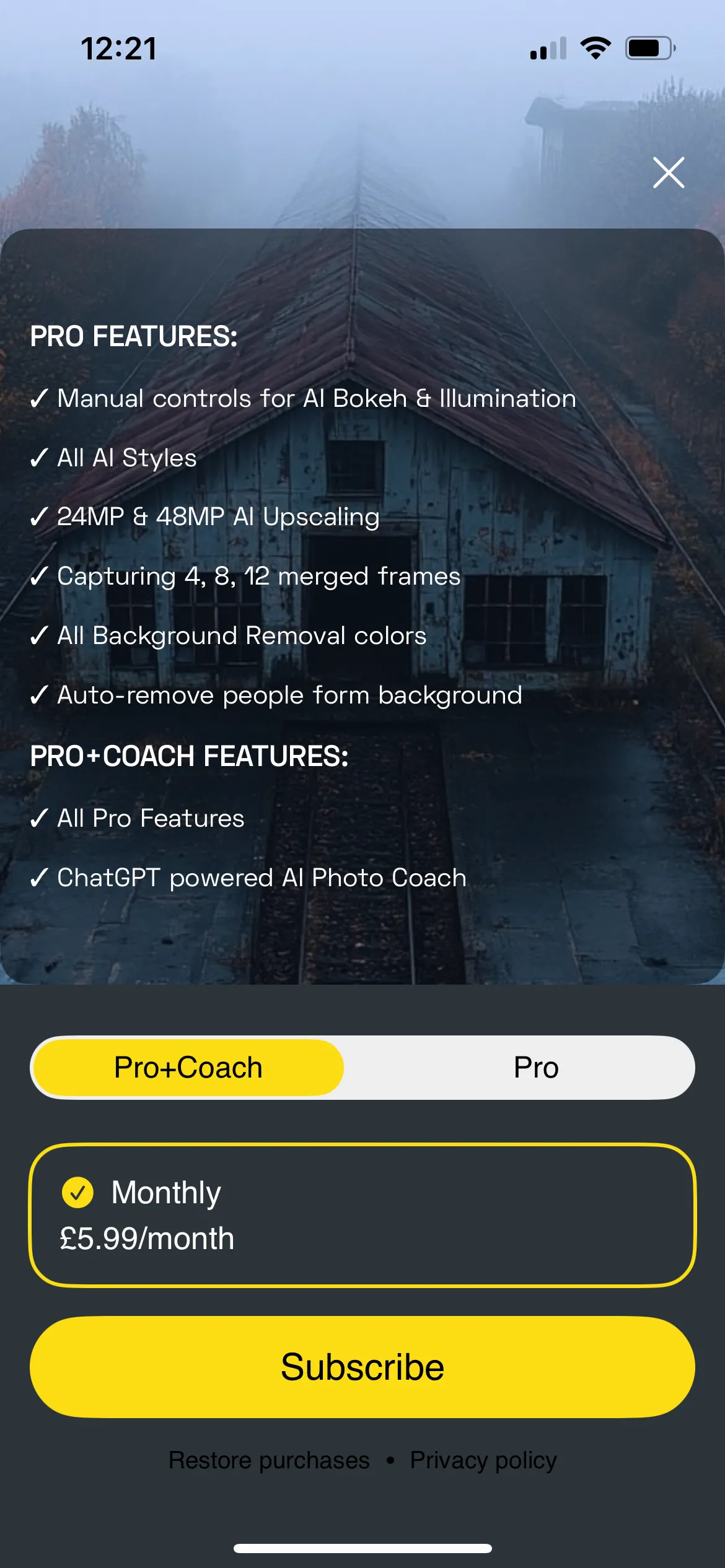 Giao diện NeuralCam hiển thị các tính năng nâng cao của phiên bản Pro và tùy chọn PhotoCoach.