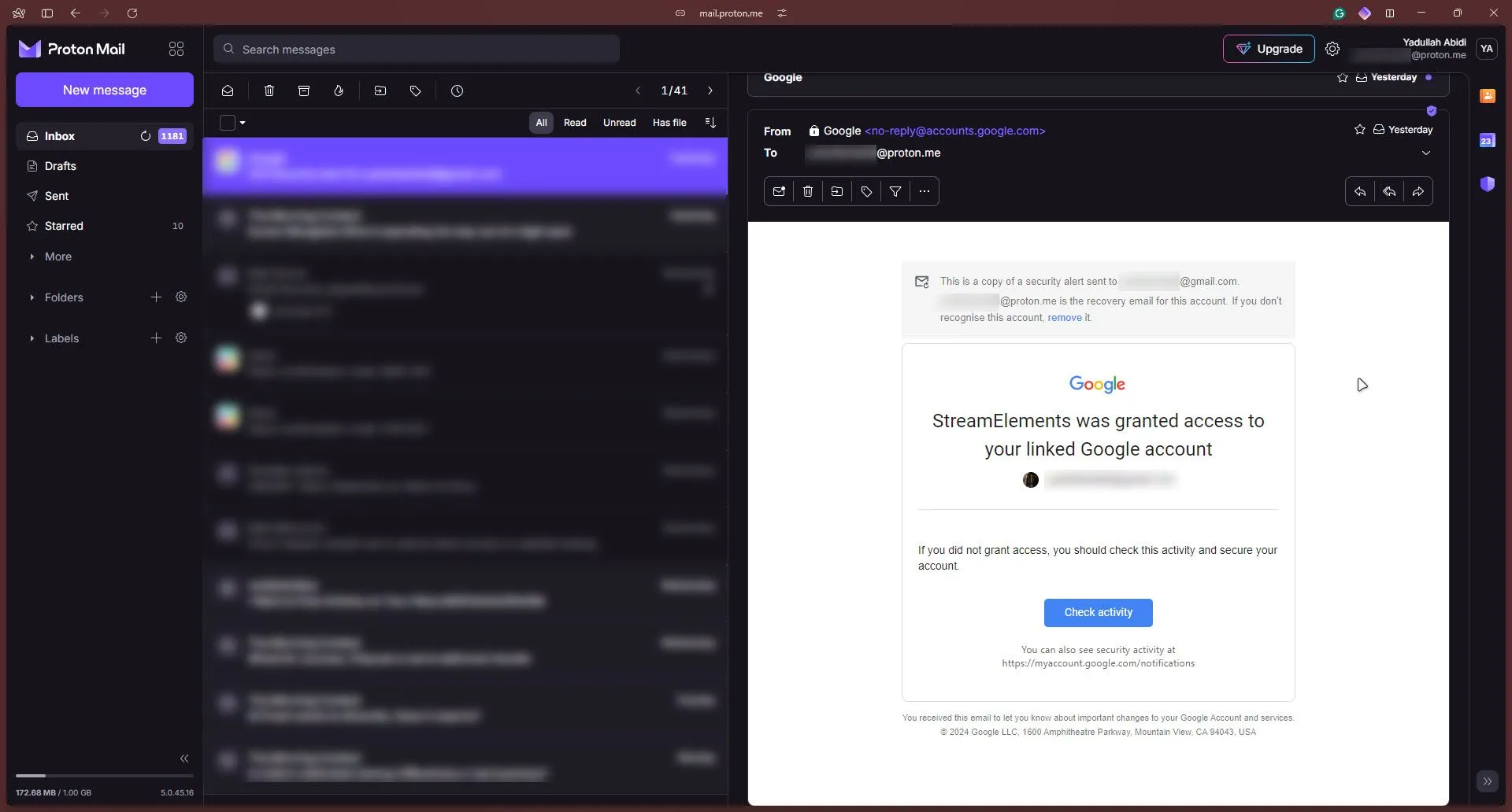 Giao diện người dùng của Proton Mail, một dịch vụ email mã hóa đầu cuối, an toàn và bảo mật, không theo dõi người dùng.