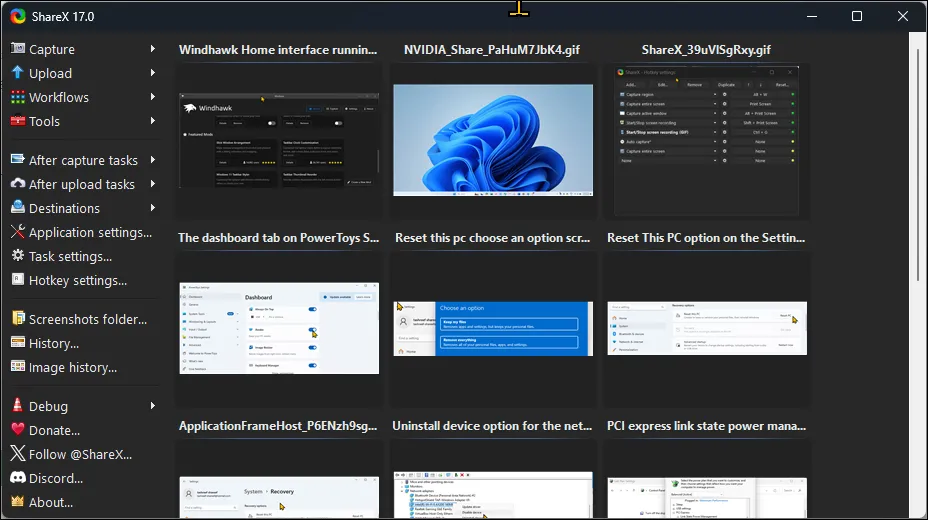 Giao diện người dùng ShareX trên Windows 11 với nhiều tùy chọn chụp và công cụ chỉnh sửa ảnh.