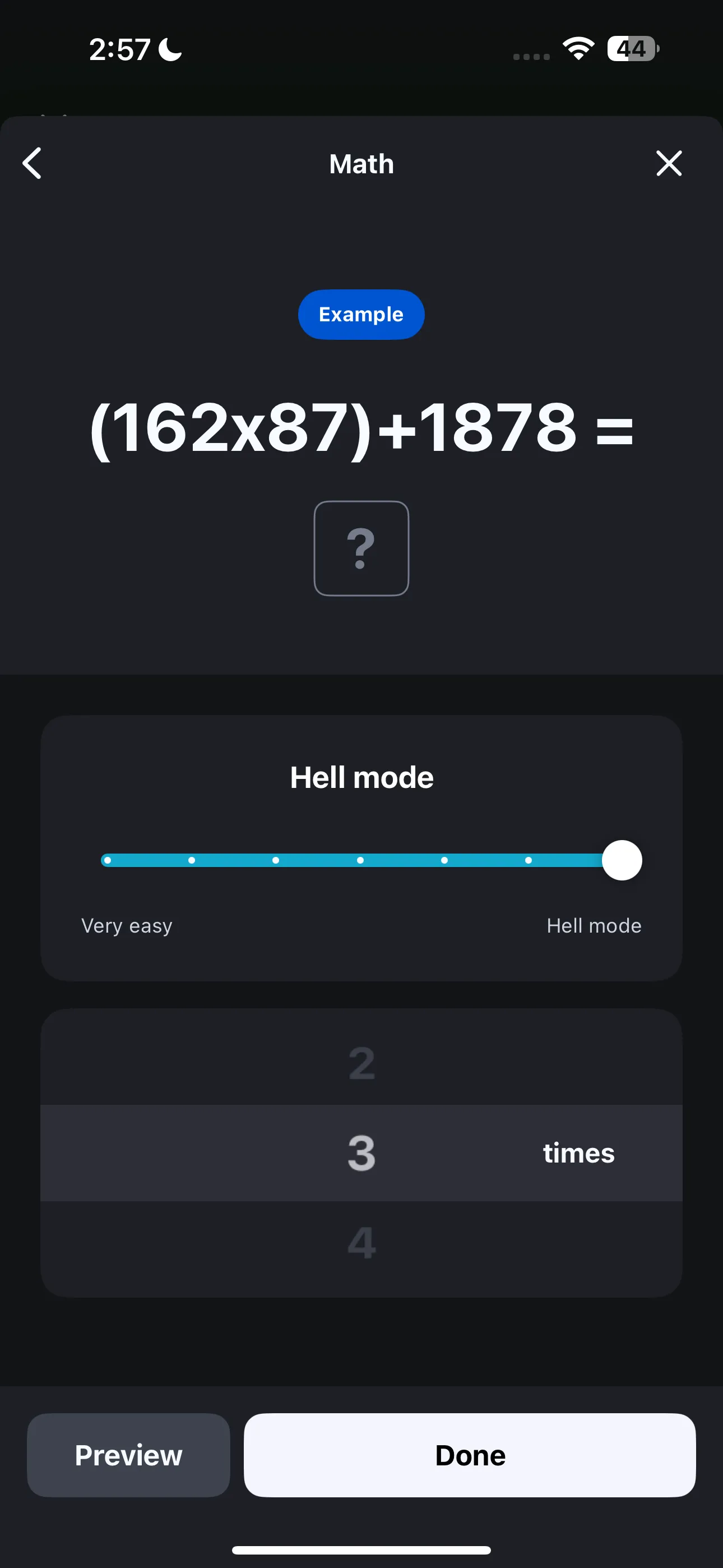 Giao diện nhiệm vụ Toán học khó "Hell Mode" của ứng dụng báo thức Alarmy
