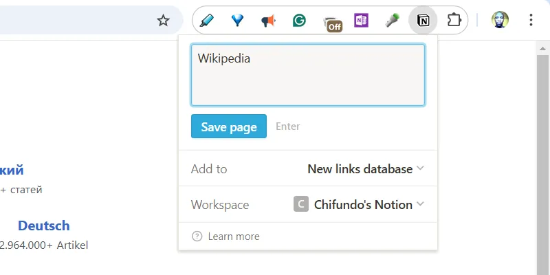 Giao diện Notion Web Clipper khi lưu một trang web vào không gian làm việc của Notion.