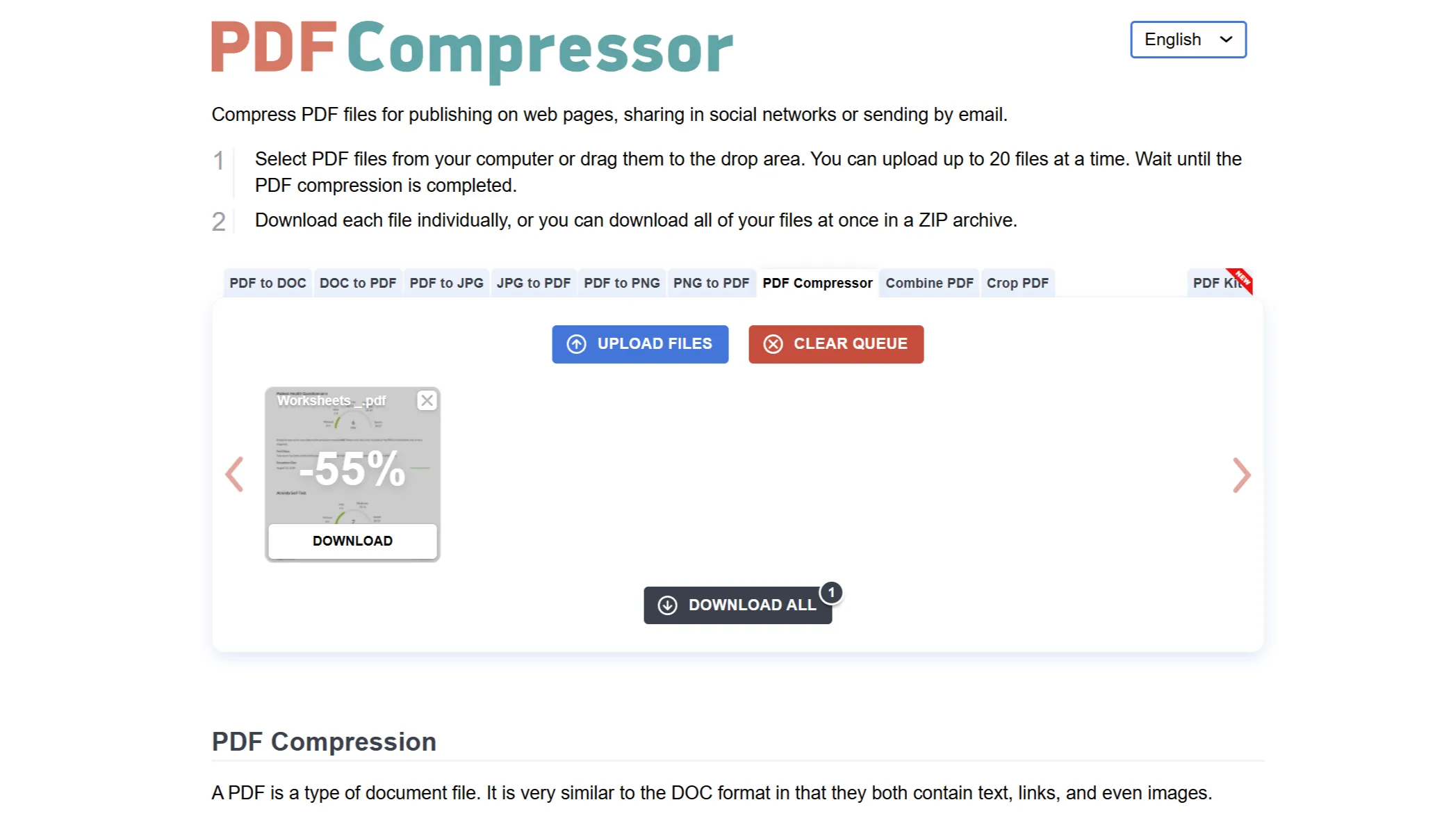 Giao diện PDF Compressor hiển thị phần trăm nén ước tính sau khi tải lên tệp