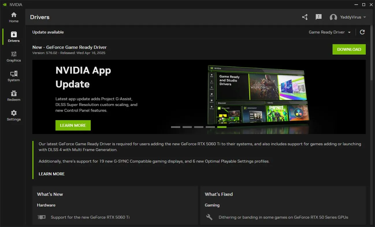 Giao diện phần mềm Nvidia GeForce Experience hiển thị tùy chọn tải xuống và cài đặt bản cập nhật driver 576.02.