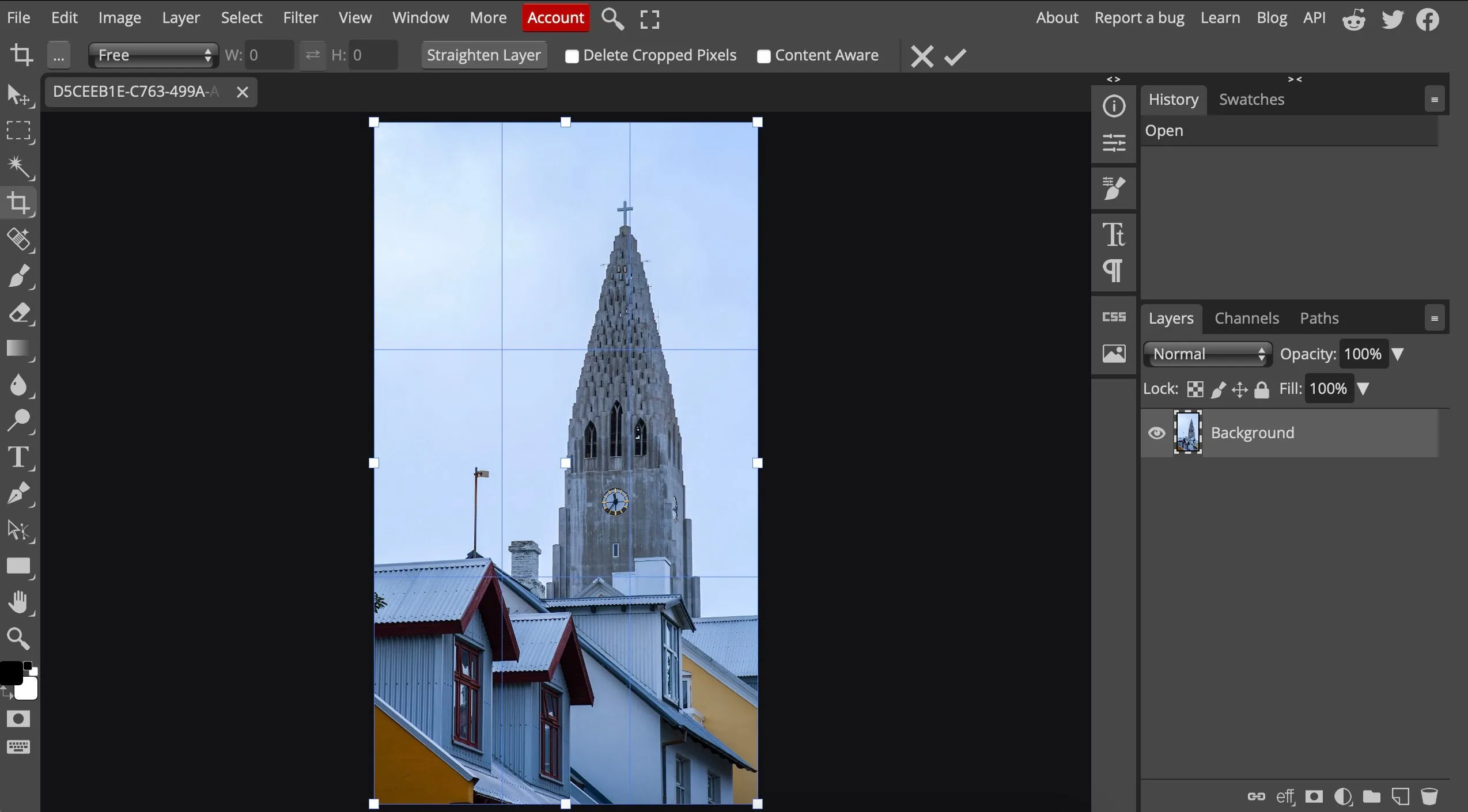 Giao diện Photopea đang chỉnh sửa ảnh, thể hiện khả năng chỉnh sửa online chuyên nghiệp.