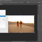 Giao diện Photoshop với công cụ Content-Aware Scale đang được áp dụng trên hình ảnh, hiển thị khung điều chỉnh và điểm tham chiếu trung tâm