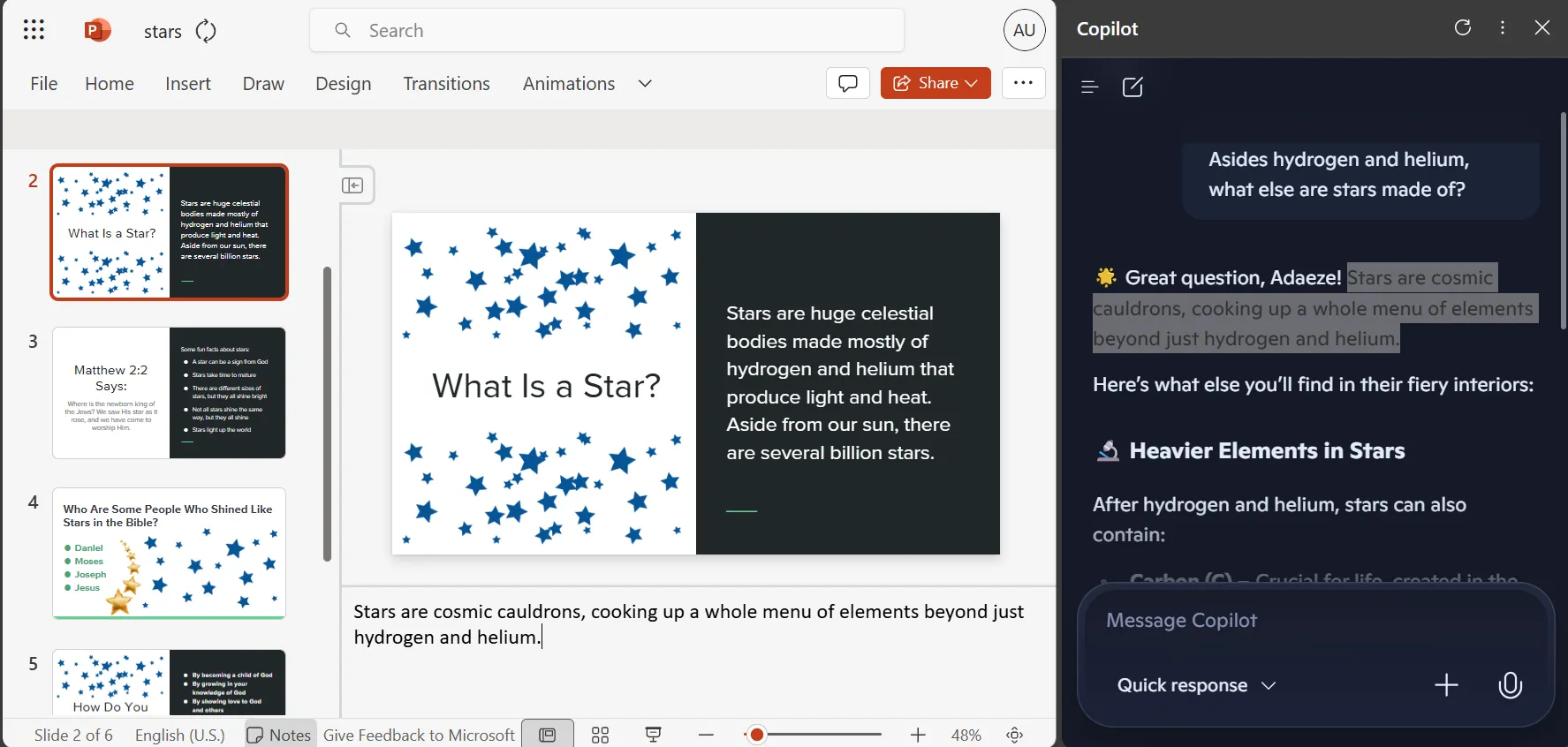 Giao diện PowerPoint Online với Copilot được gắn cố định ở bên cạnh, hỗ trợ chỉnh sửa thuyết trình.