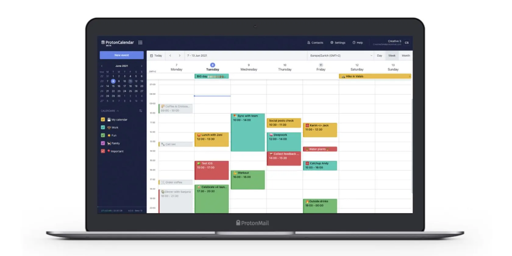 Giao diện Proton Calendar trên máy tính với các khối thời gian hiển thị sự kiện
