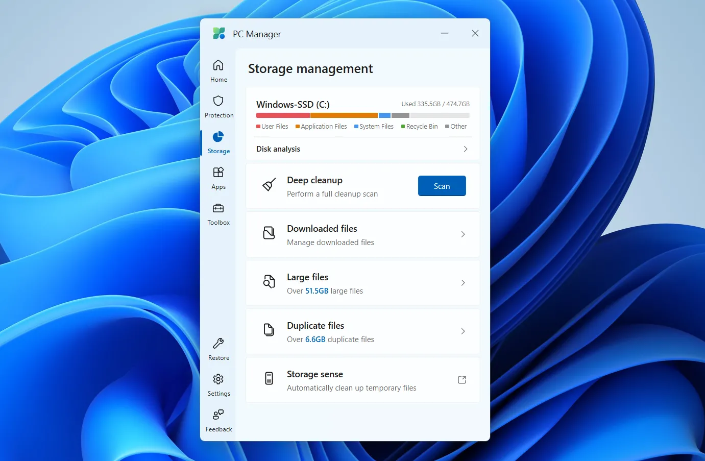 Giao diện quản lý bộ nhớ của Microsoft PC Manager trên Windows hiển thị tab 'Storage'.