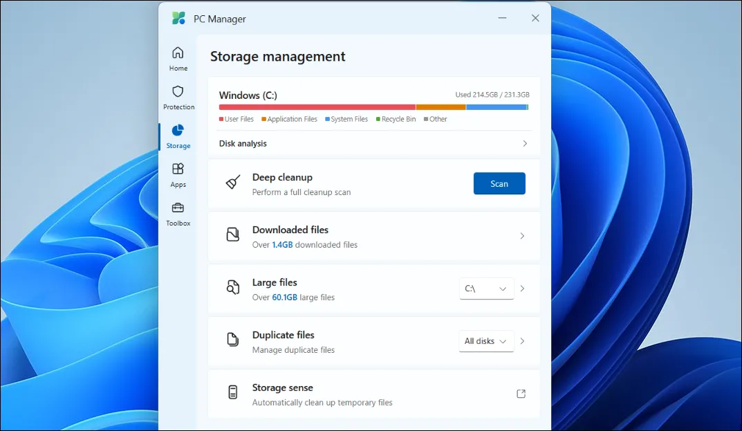 Giao diện quản lý bộ nhớ của Microsoft PC Manager