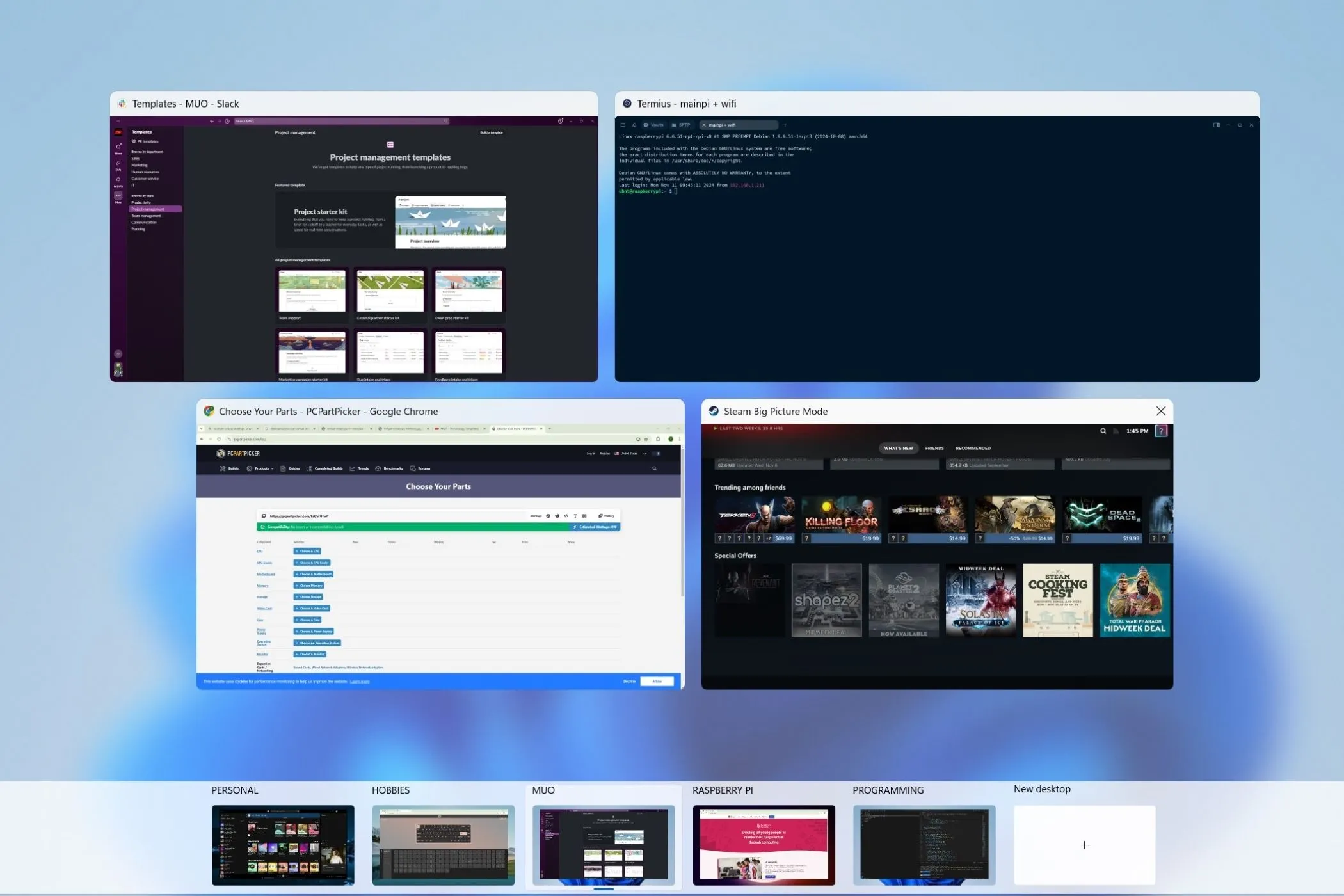 Giao diện quản lý các desktop ảo trên Windows 11, giúp người dùng dễ dàng chuyển đổi giữa các không gian làm việc.