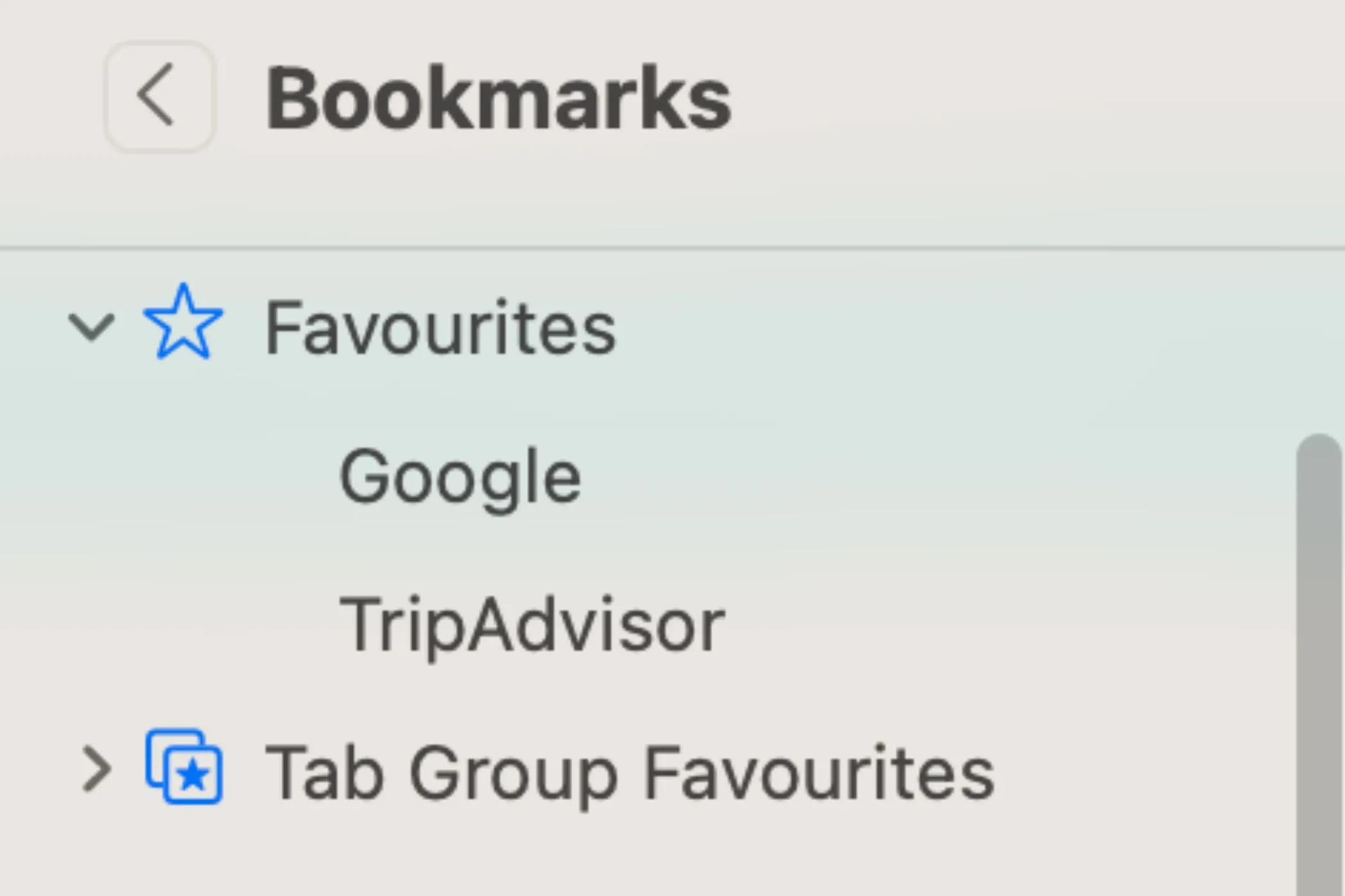 Giao diện quản lý dấu trang (bookmark) của trình duyệt Safari trên macOS.