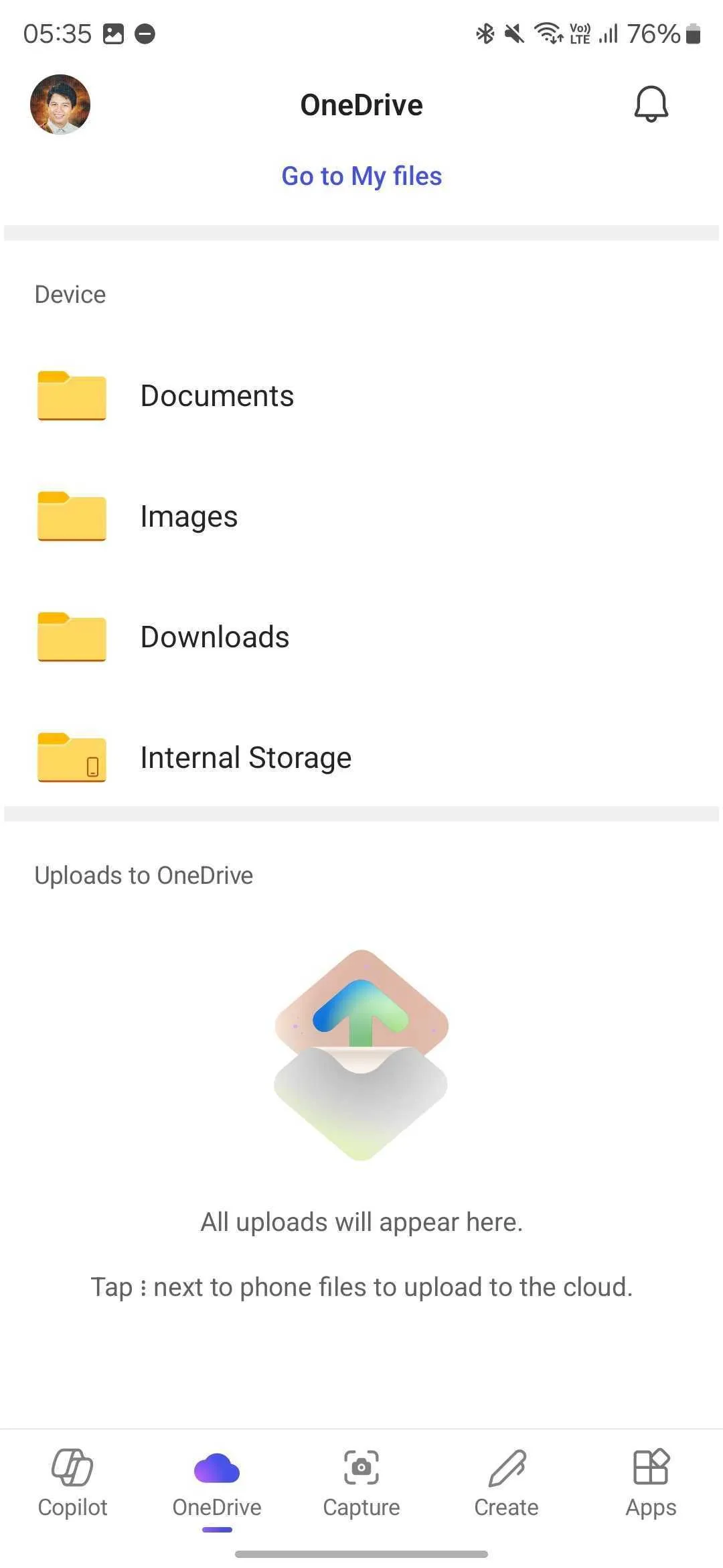 Giao diện quản lý file OneDrive trong ứng dụng M365 Copilot trên thiết bị di động
