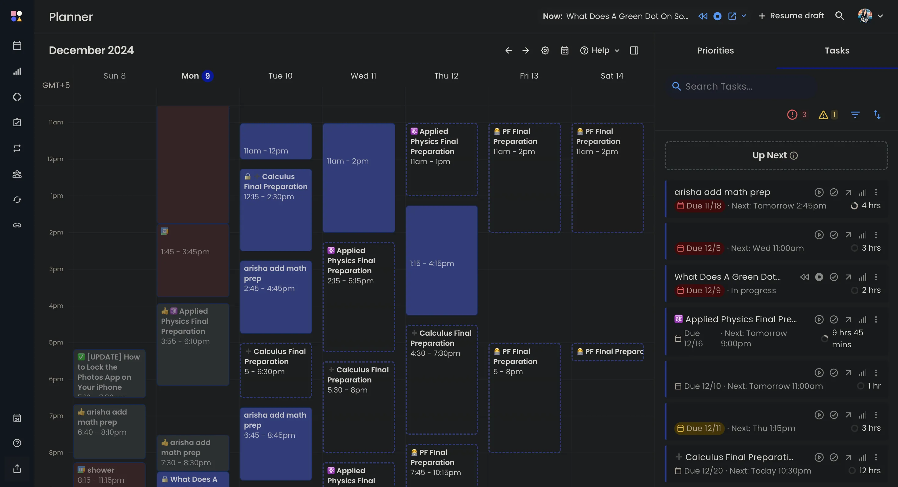 Giao diện Reclaim AI hiển thị Planner và danh sách nhiệm vụ