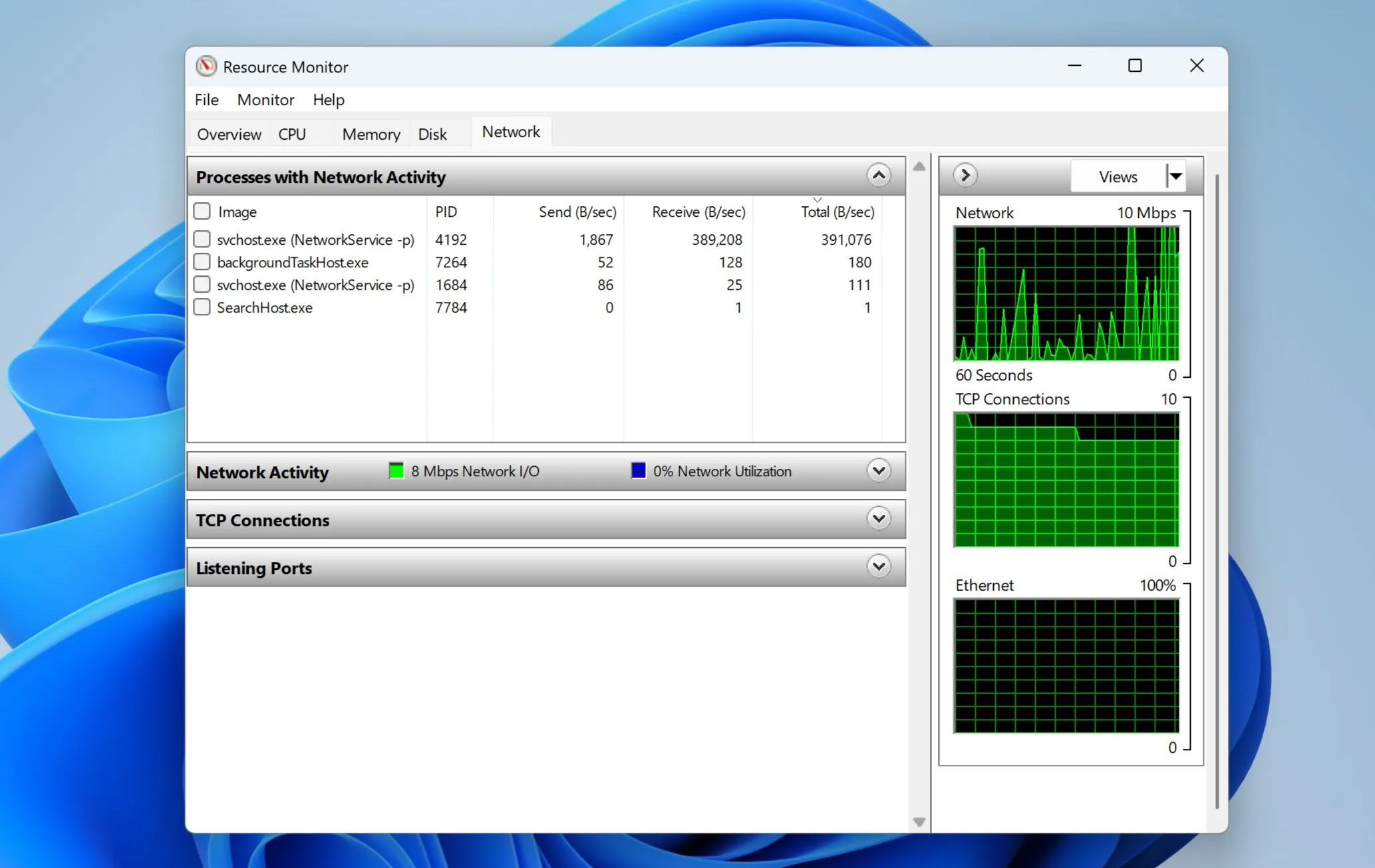 Giao diện &quot;Resource Monitor&quot; (Giám sát tài nguyên) trên Windows 11, hiển thị chi tiết hoạt động sử dụng mạng của các ứng dụng và tiến trình.