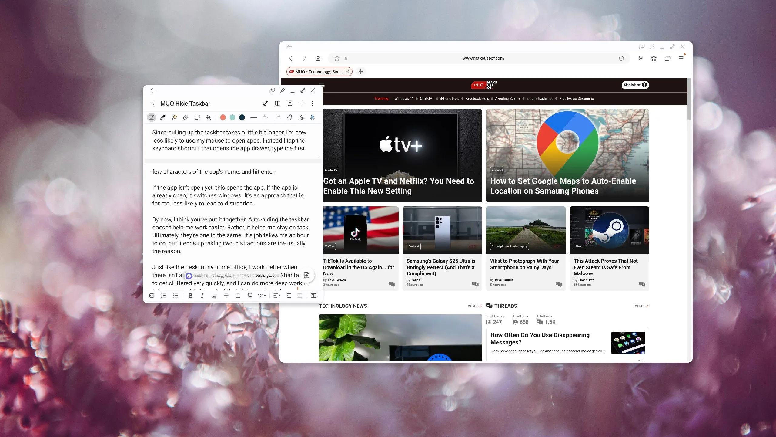 Giao diện Samsung DeX hiển thị ứng dụng Samsung Notes và trình duyệt Samsung Internet trên màn hình ngoài, minh họa khả năng làm việc năng suất của điện thoại.