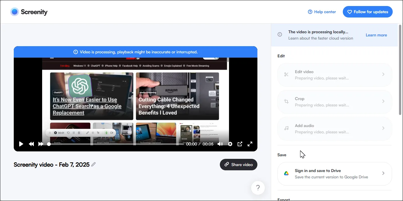 Giao diện Screenity hiển thị màn hình đang quay cùng các công cụ chú thích và cài đặt bổ sung.