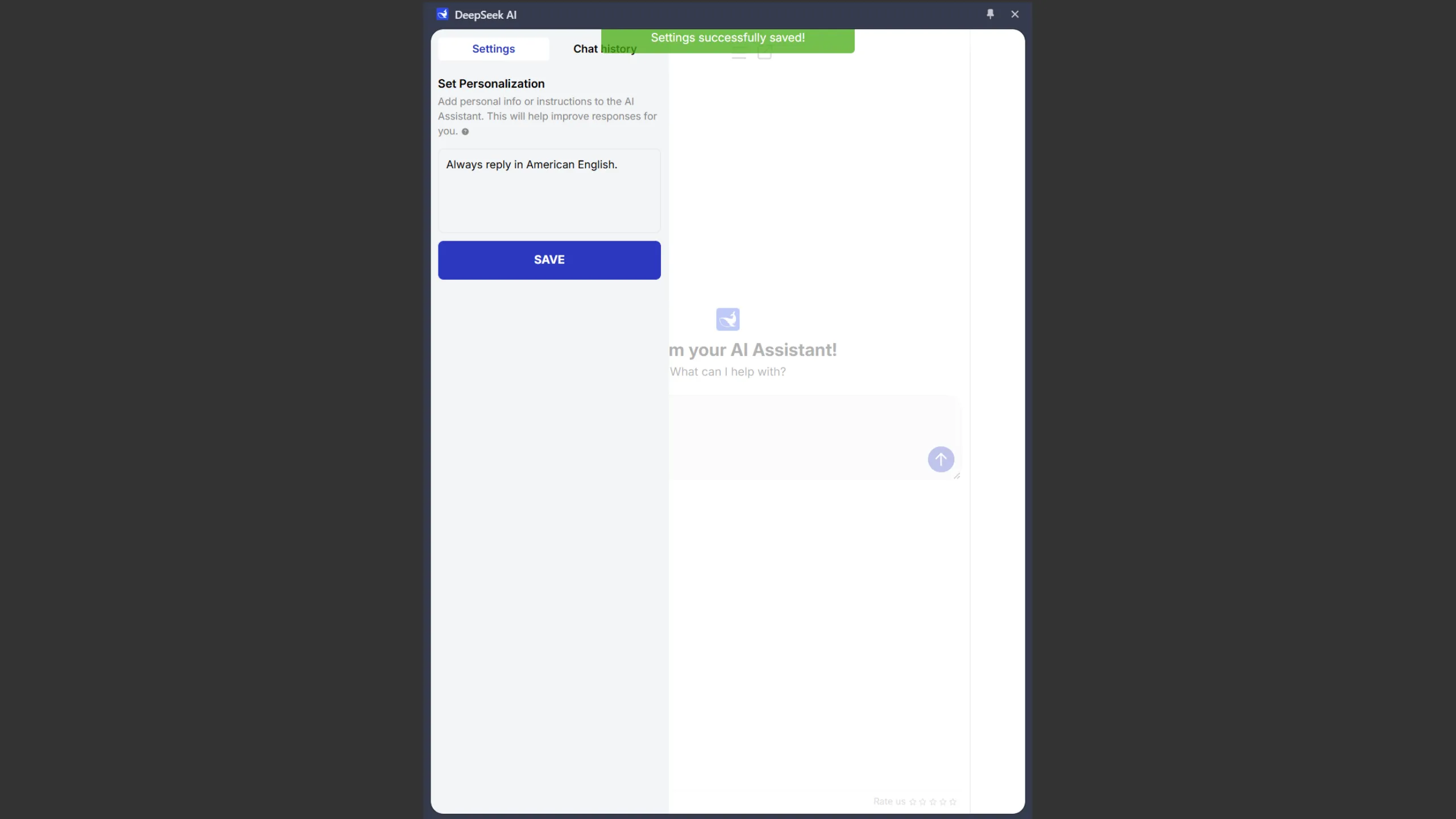 Giao diện sidebar của tiện ích DeepSeek AI (deepseekai.works) hiển thị tùy chọn cá nhân hóa