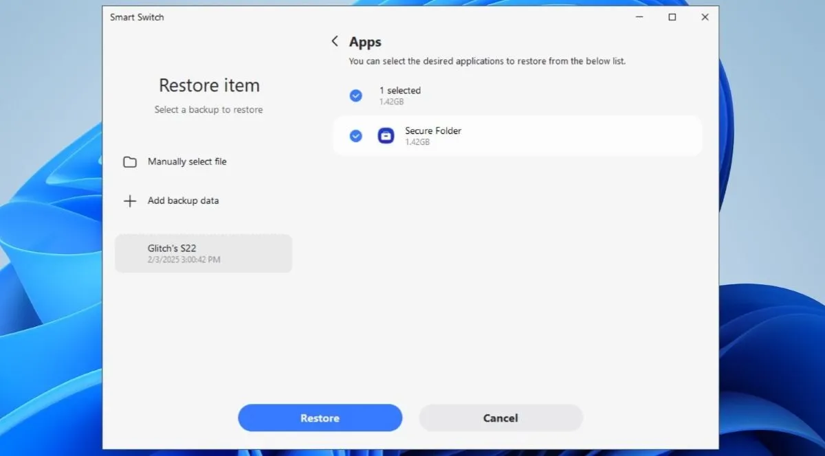 Giao diện Smart Switch trên máy tính chọn khôi phục Secure Folder