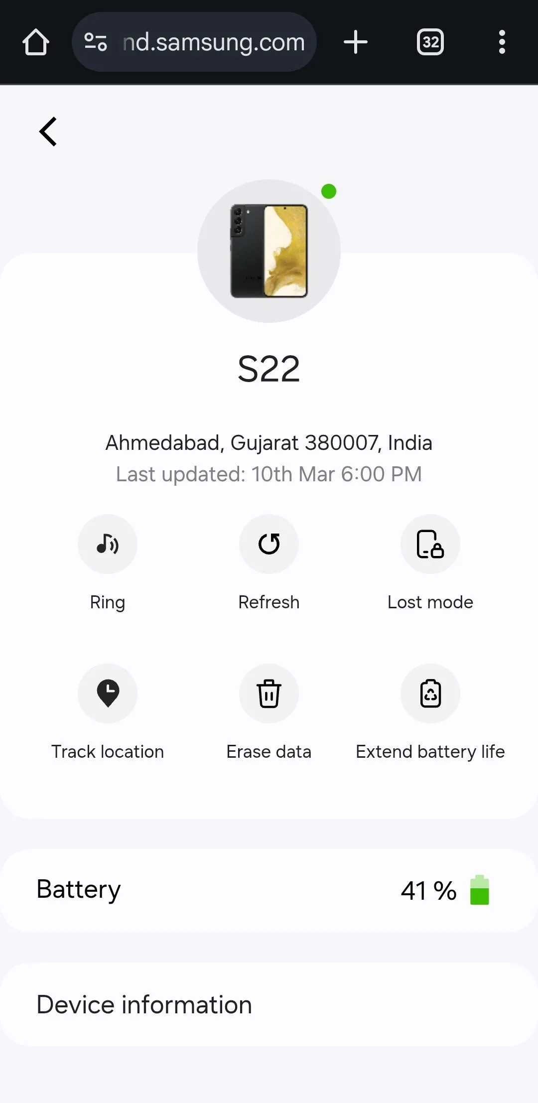 Giao diện SmartThings Find của Samsung hiển thị các tùy chọn trên trình duyệt Android