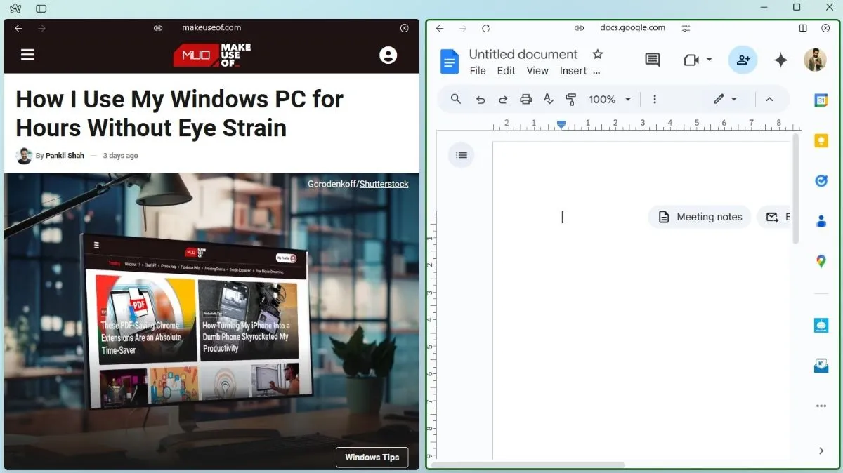 Giao diện Split View của Arc browser hiển thị trang web MakeUseOf và Google Docs