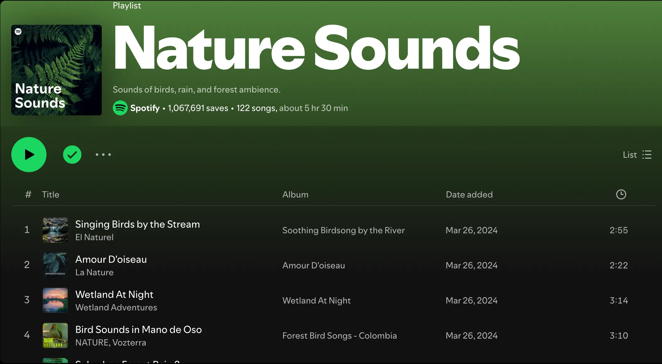 Giao diện Spotify với danh sách phát &quot;Nature Sounds&quot; (Âm thanh tự nhiên) giúp tập trung.