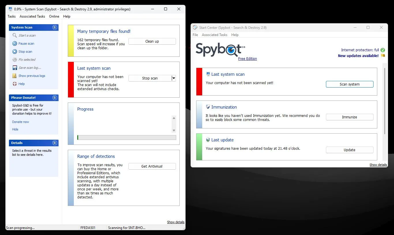 Giao diện Spybot – Search &amp; Destroy đang quét tìm spyware trên hệ thống Windows