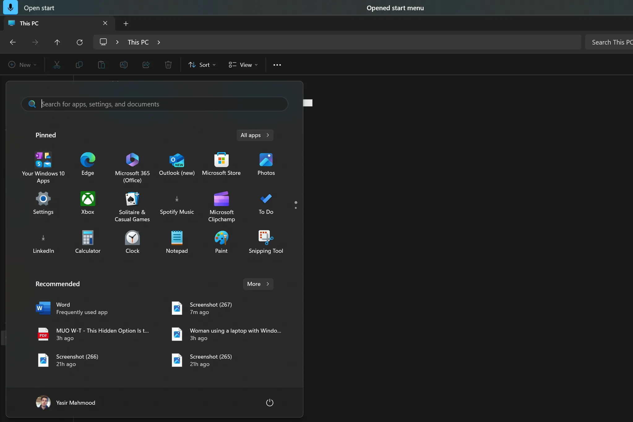 Giao diện Start Menu của Windows 11 được mở bằng lệnh giọng nói Voice Access