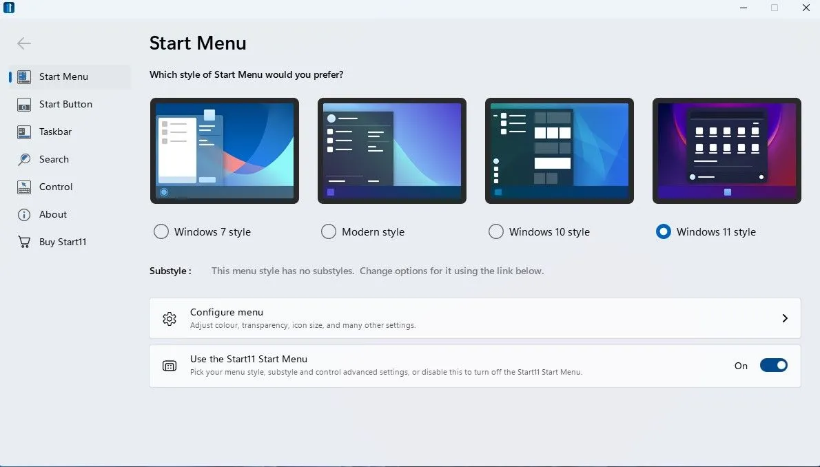 Giao diện Start Menu được tùy chỉnh với Start11 trên Windows 11