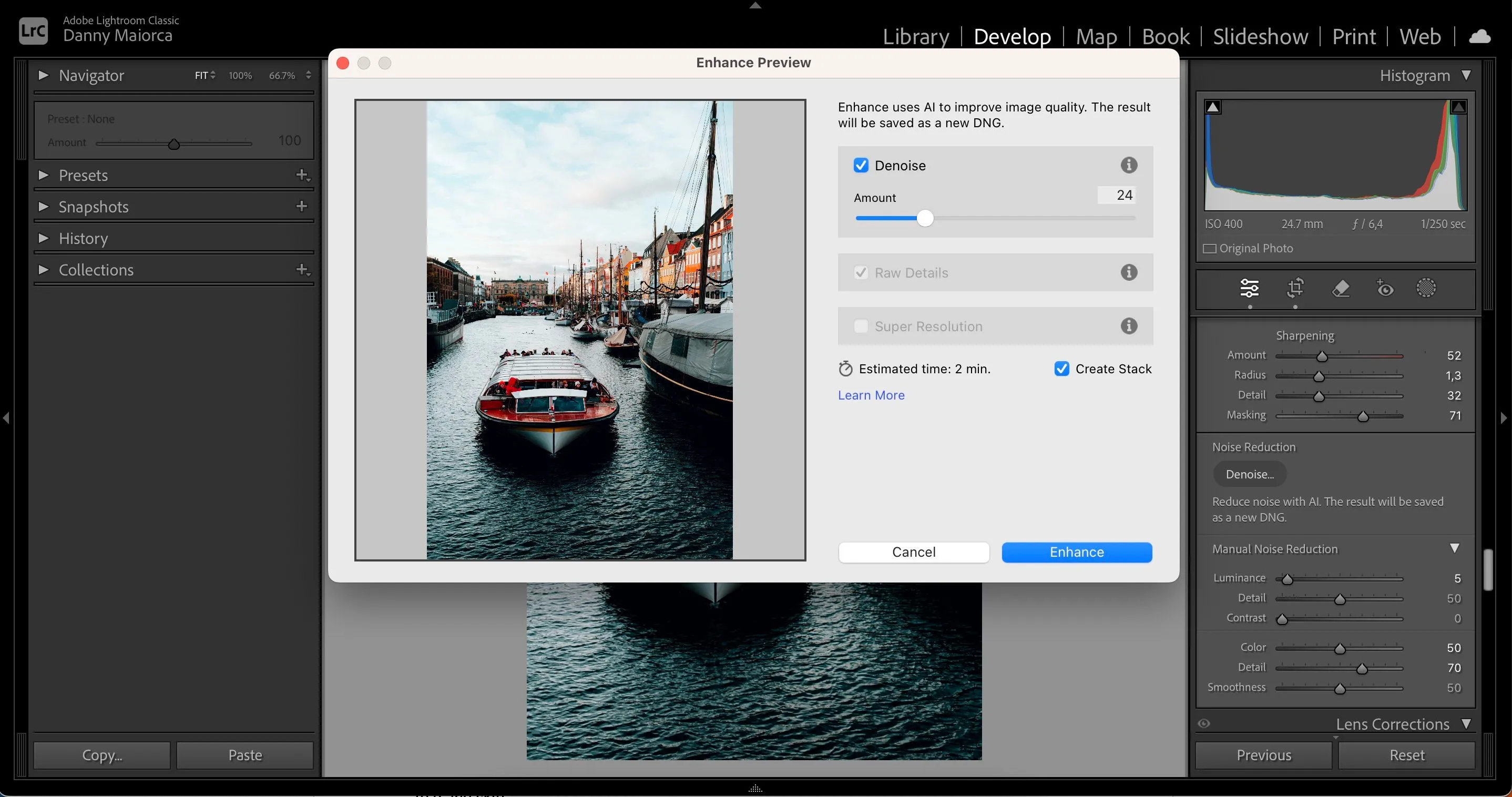 Giao diện sử dụng công cụ khử nhiễu ảnh AI trong Adobe Lightroom hiển thị khu vực ảnh được làm mịn
