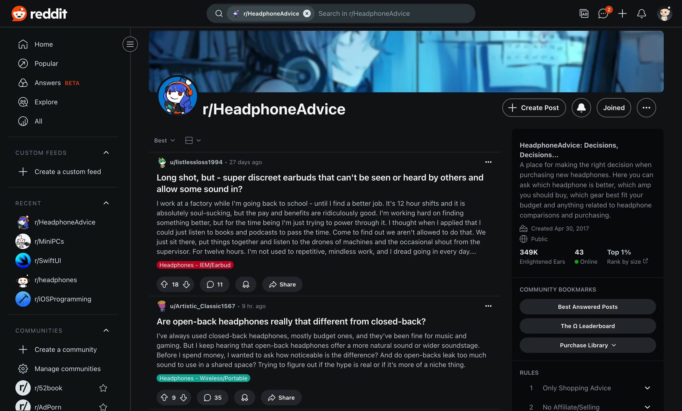 Giao diện subreddit r/HeadphoneAdvice trên Reddit, nơi người dùng trao đổi kinh nghiệm và tư vấn về tai nghe, thể hiện sức mạnh của cộng đồng trực tuyến trong việc tìm kiếm thông tin sản phẩm.