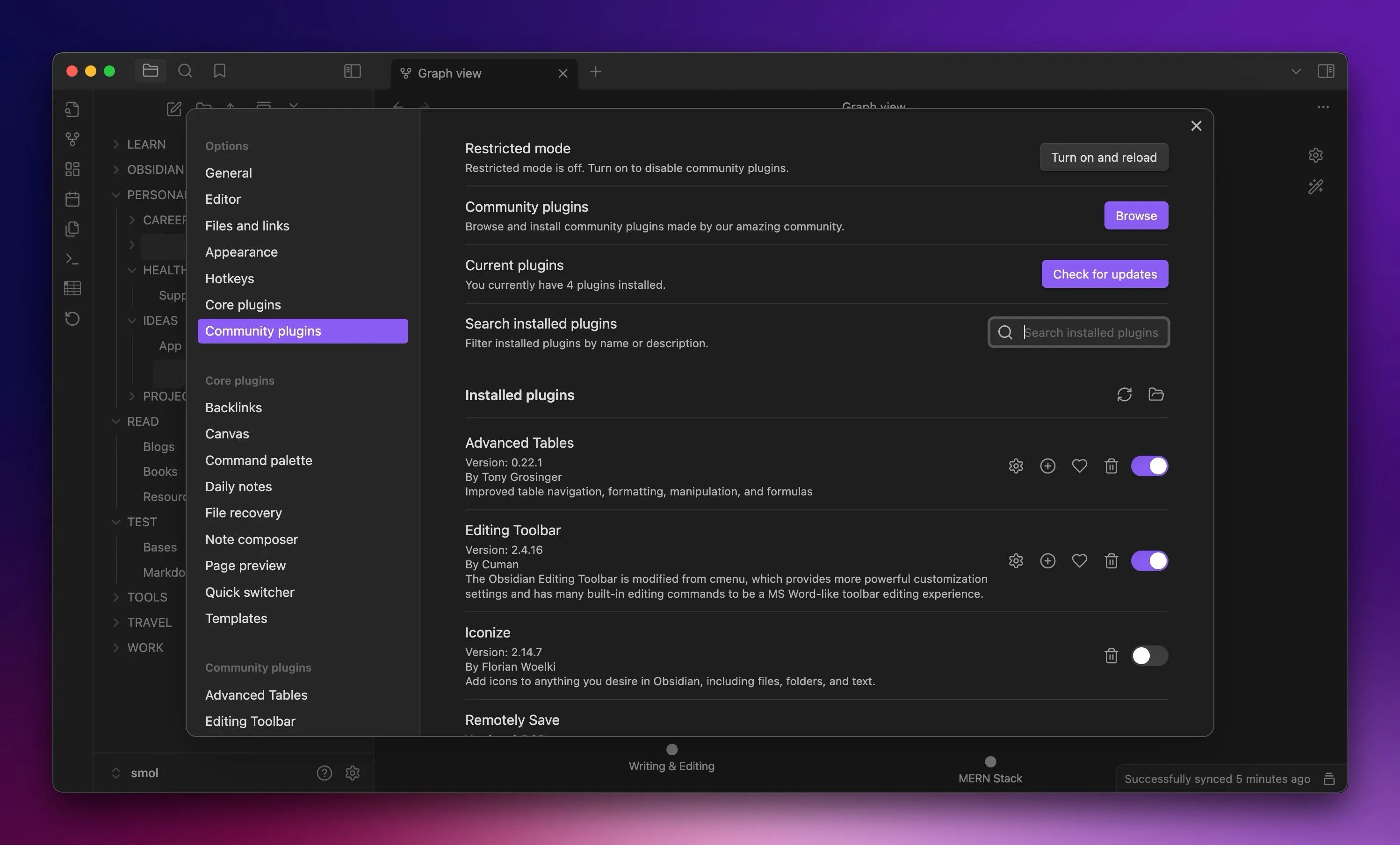 Giao diện tab Community Plugins trong Obsidian trên máy Mac, nơi người dùng có thể khám phá và cài đặt các tiện ích mở rộng.