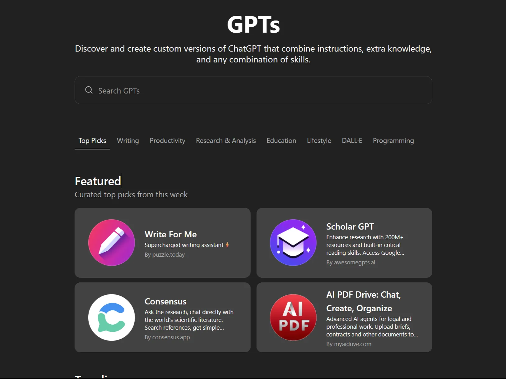 Giao diện tab &quot;Custom GPTs&quot; trong ứng dụng web ChatGPT, hiển thị các GPT tùy chỉnh nổi bật, minh họa hệ sinh thái đa dạng của ChatGPT.