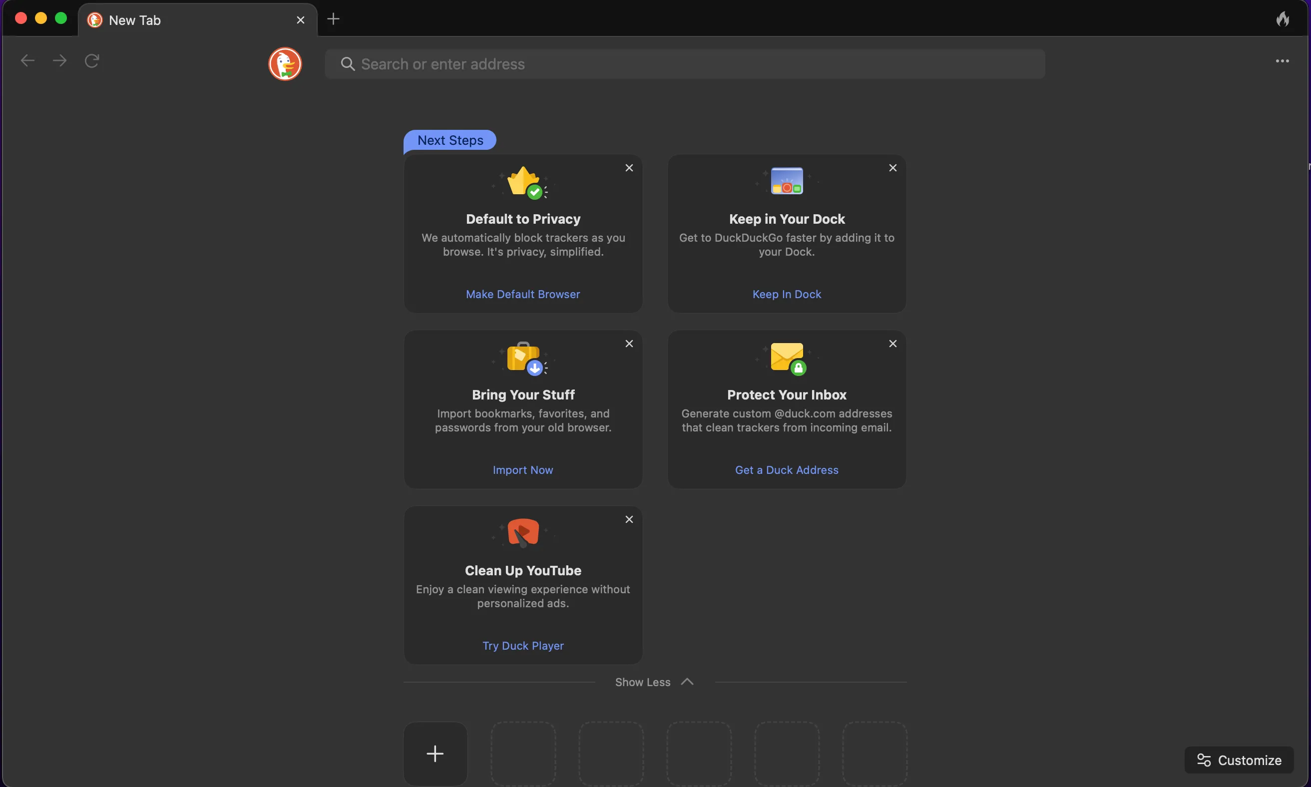 Giao diện tab mới của trình duyệt DuckDuckGo với thanh tìm kiếm tập trung vào quyền riêng tư