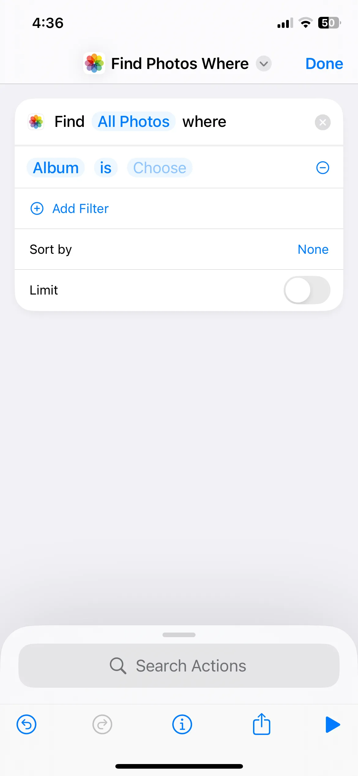Giao diện tạo phím tắt 'Tìm ảnh' trên iPhone với tùy chọn lọc 'Là ảnh chụp màn hình'