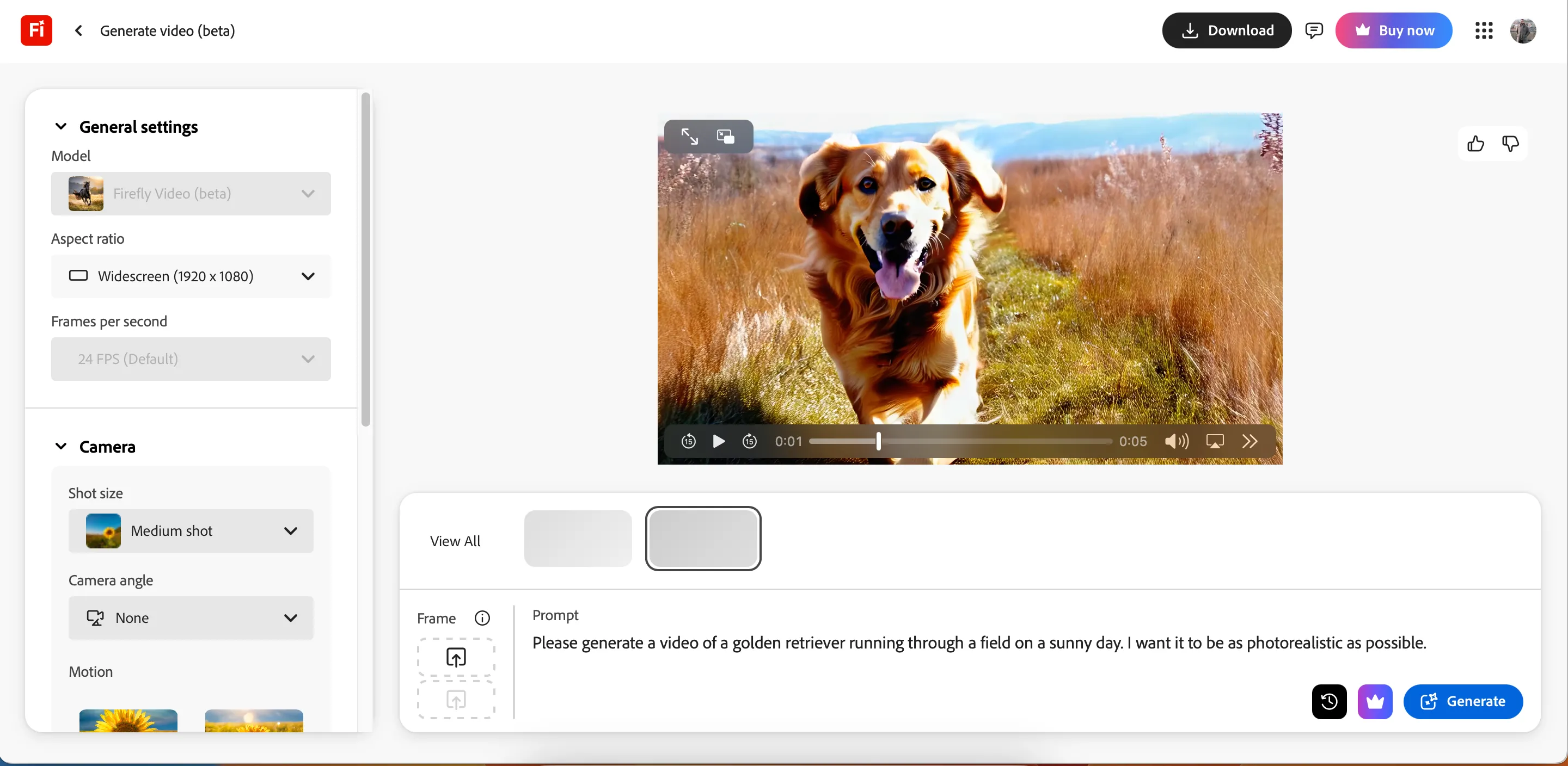 Giao diện tạo prompt (lệnh) trong ứng dụng Adobe Firefly, hiển thị các tùy chọn cài đặt góc máy và chuyển động.