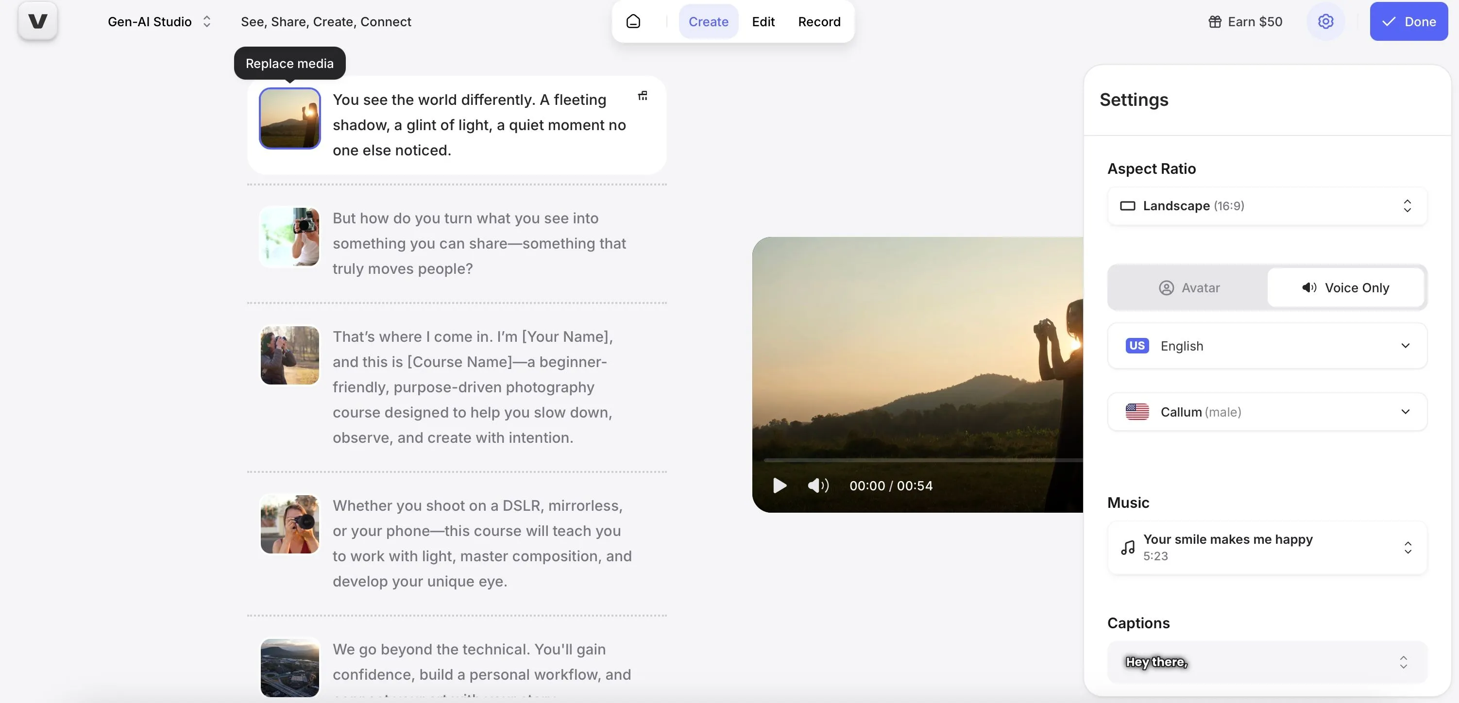 Giao diện tạo video quảng cáo trên Veed.io với tùy chọn nhập kịch bản.