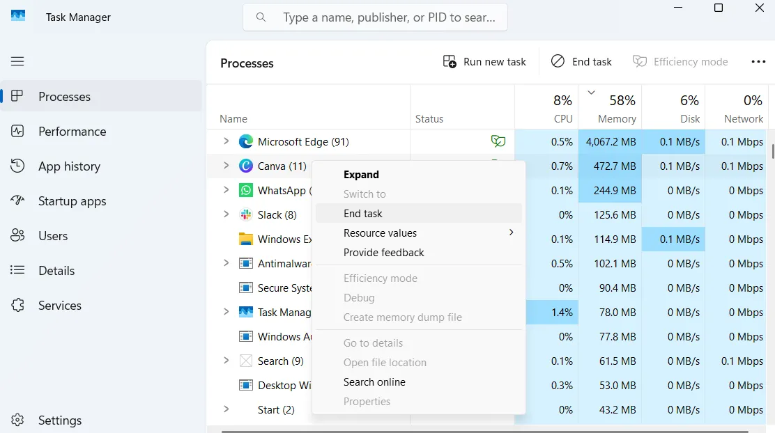 Giao diện Task Manager của Windows với tùy chọn End task cho ứng dụng Canva