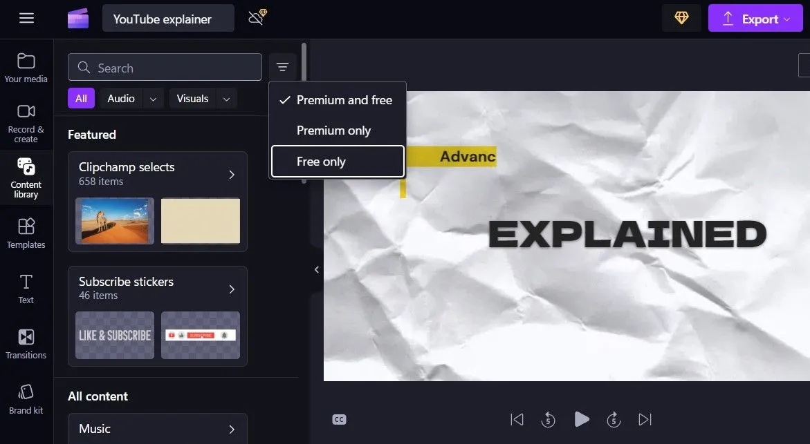 Giao diện thẻ Content Library với các tài nguyên đa dạng trong Clipchamp