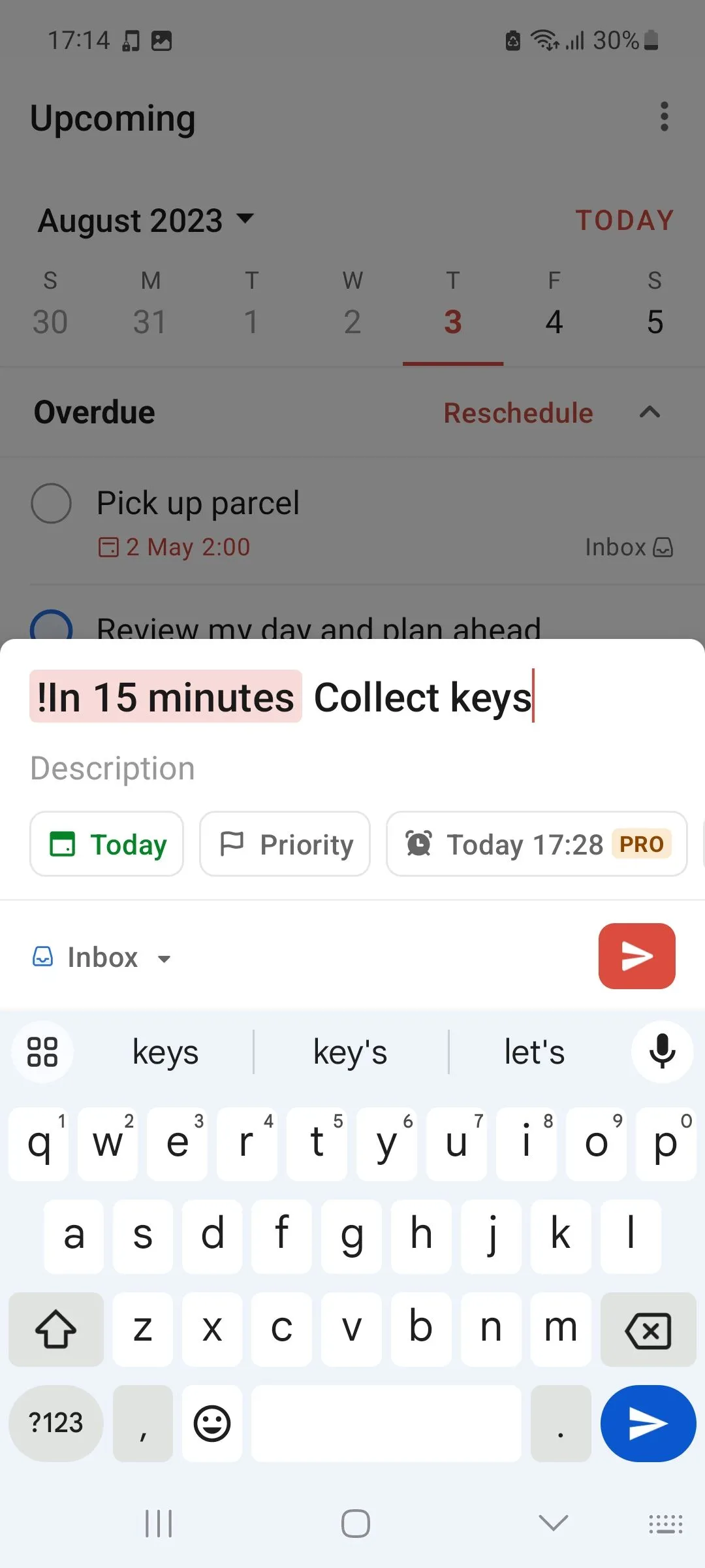 Giao diện thêm nhiệm vụ ngắn hạn mới trong ứng dụng Todoist, minh họa khả năng quản lý tác vụ.