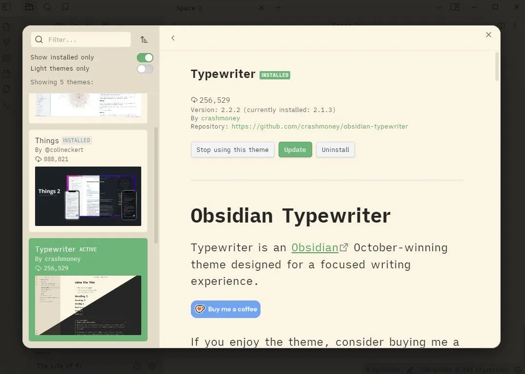 Giao diện (theme) Typewriter biến Obsidian thành một máy đánh chữ cổ điển với nền trắng