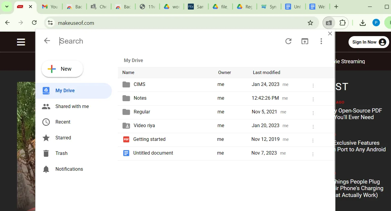 Giao diện tiện ích Checker Plus hiển thị nội dung Google Drive ngay trong trình duyệt Chrome.