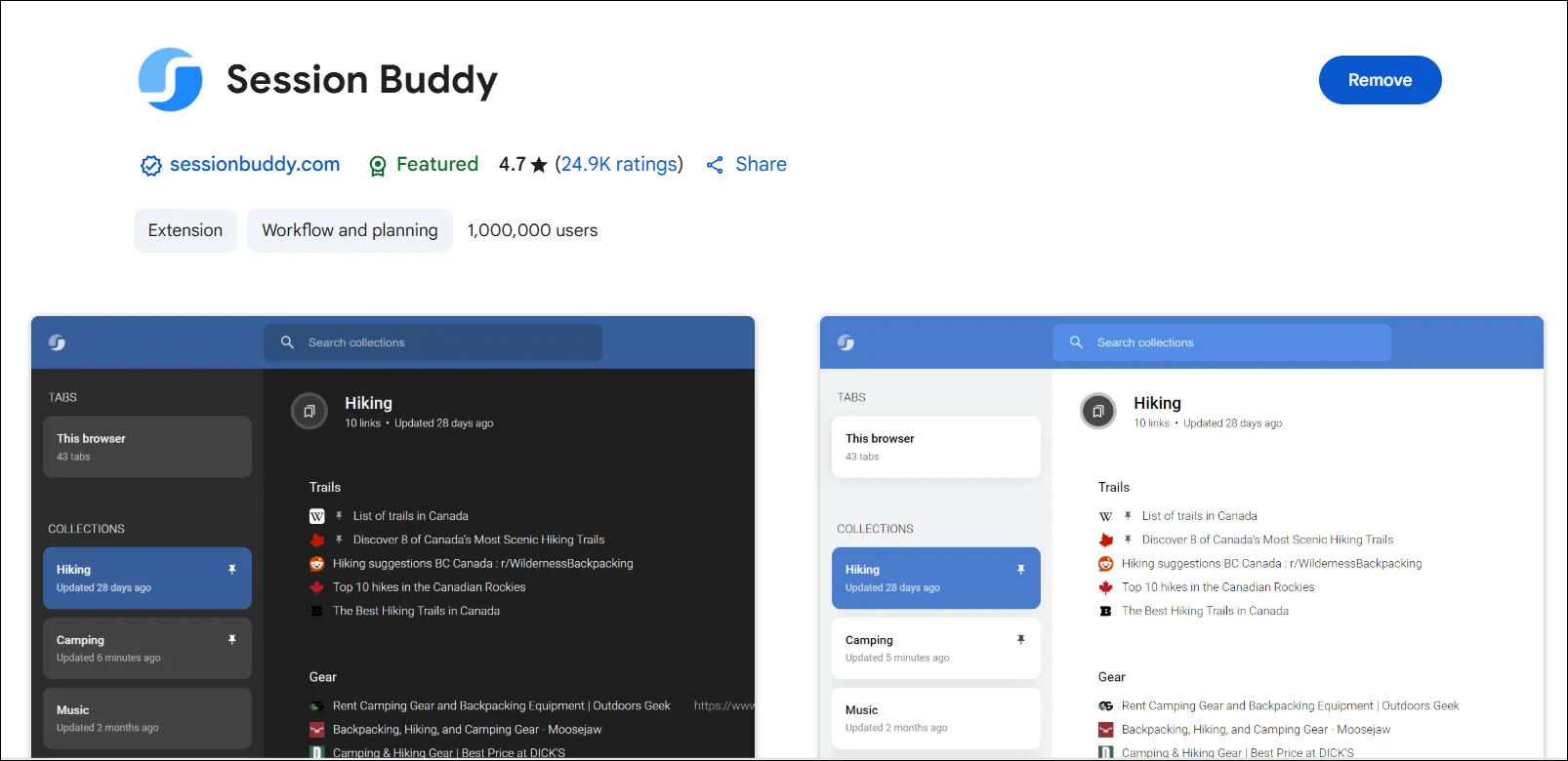 Giao diện tiện ích mở rộng Session Buddy trong Chrome