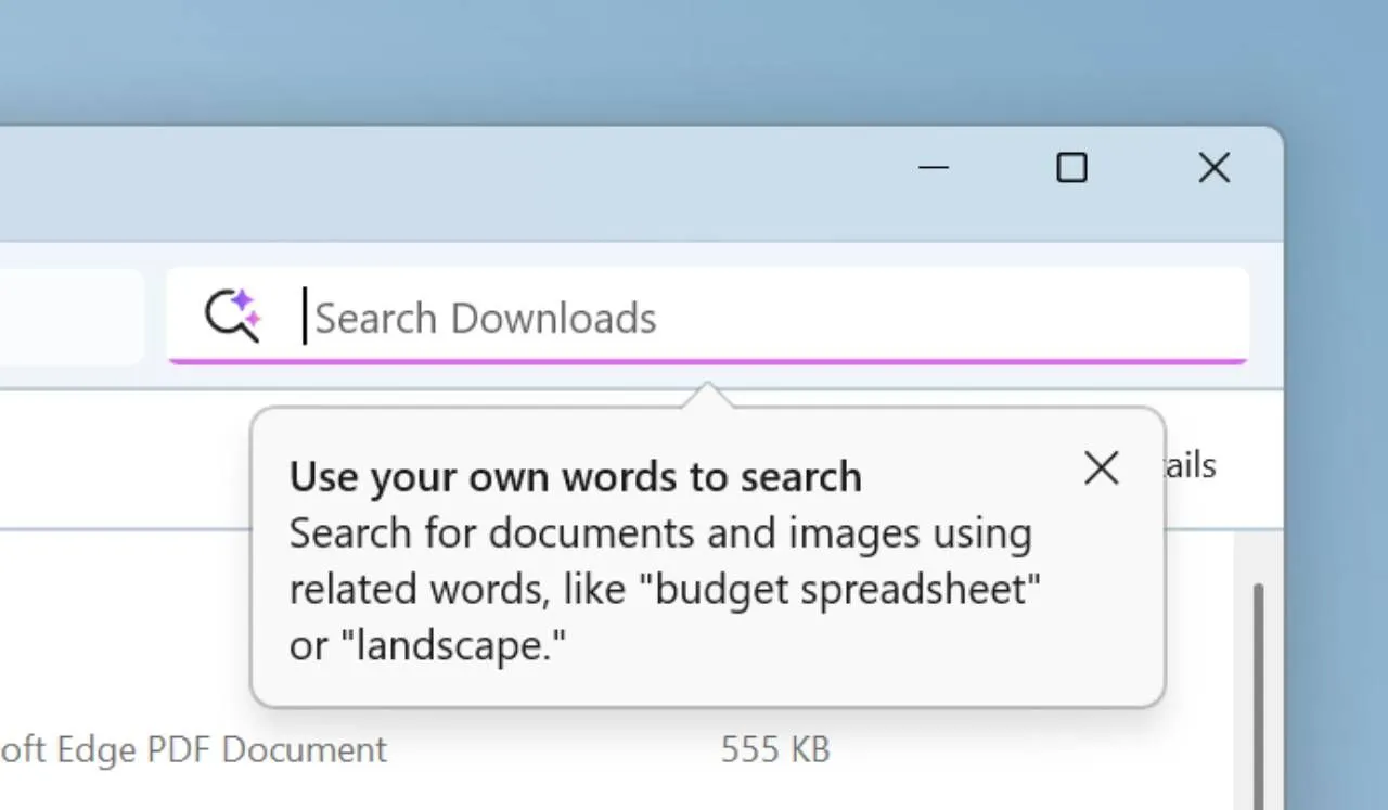 Giao diện tìm kiếm ngữ nghĩa trong File Explorer của Windows 11, hiển thị cách người dùng có thể nhập các truy vấn ngôn ngữ tự nhiên để tìm kiếm tệp.