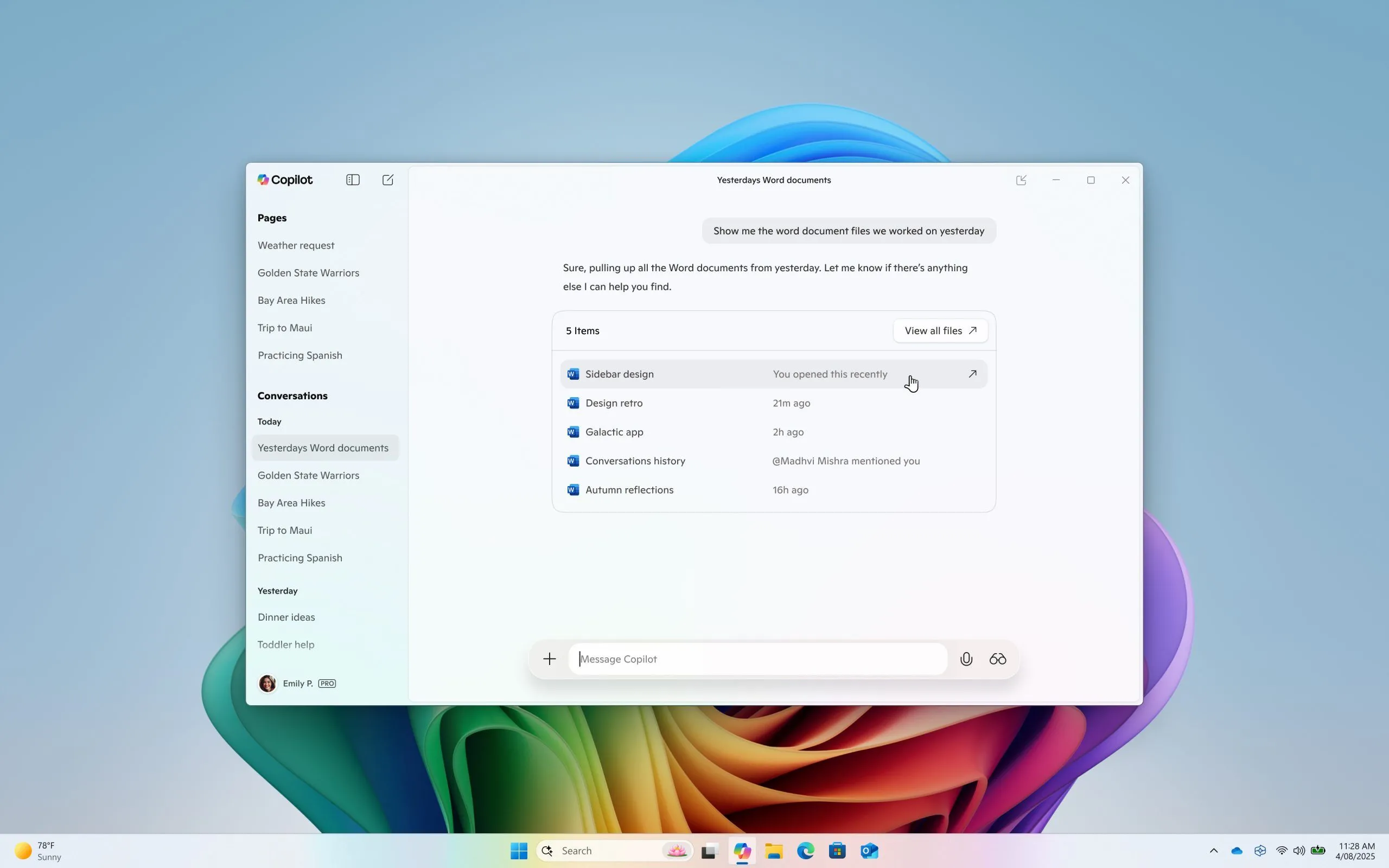 Giao diện tìm kiếm tệp trên Microsoft Copilot cho phép truy cập và tóm tắt nội dung file.