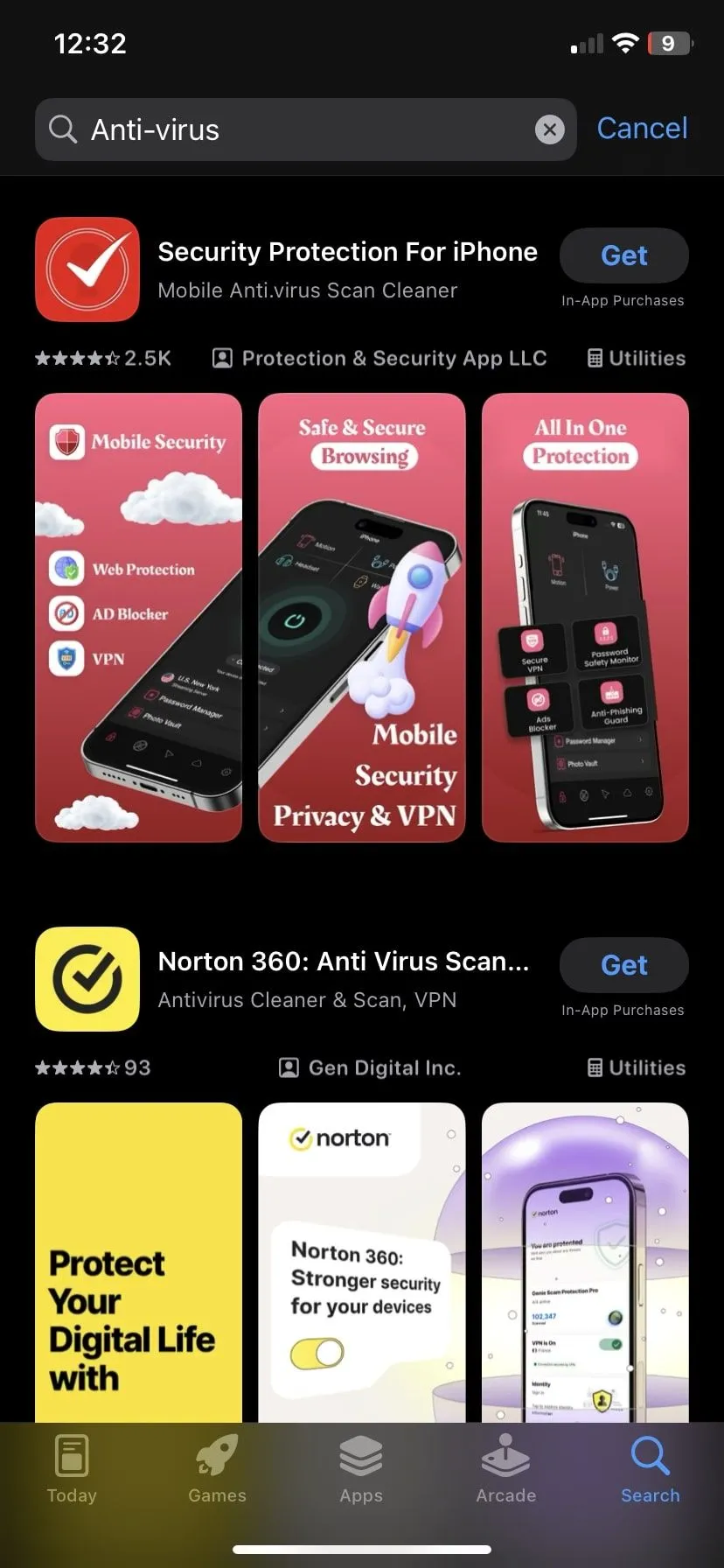 Giao diện tìm kiếm ứng dụng diệt virus trên App Store